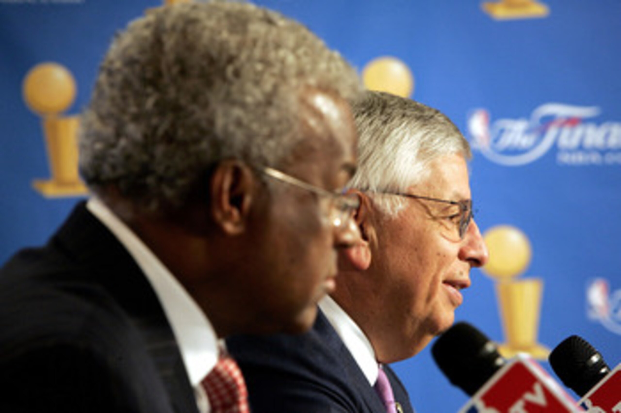 SAN ANTONIO - JUNE 21:  (L-R) Billy Hunter, President of the NBA Players Association and NBA commissioner David Stern speak at a press conference to announce that the NBA and the NBA Players Association have agreed in principal on a new 6-year Collective
