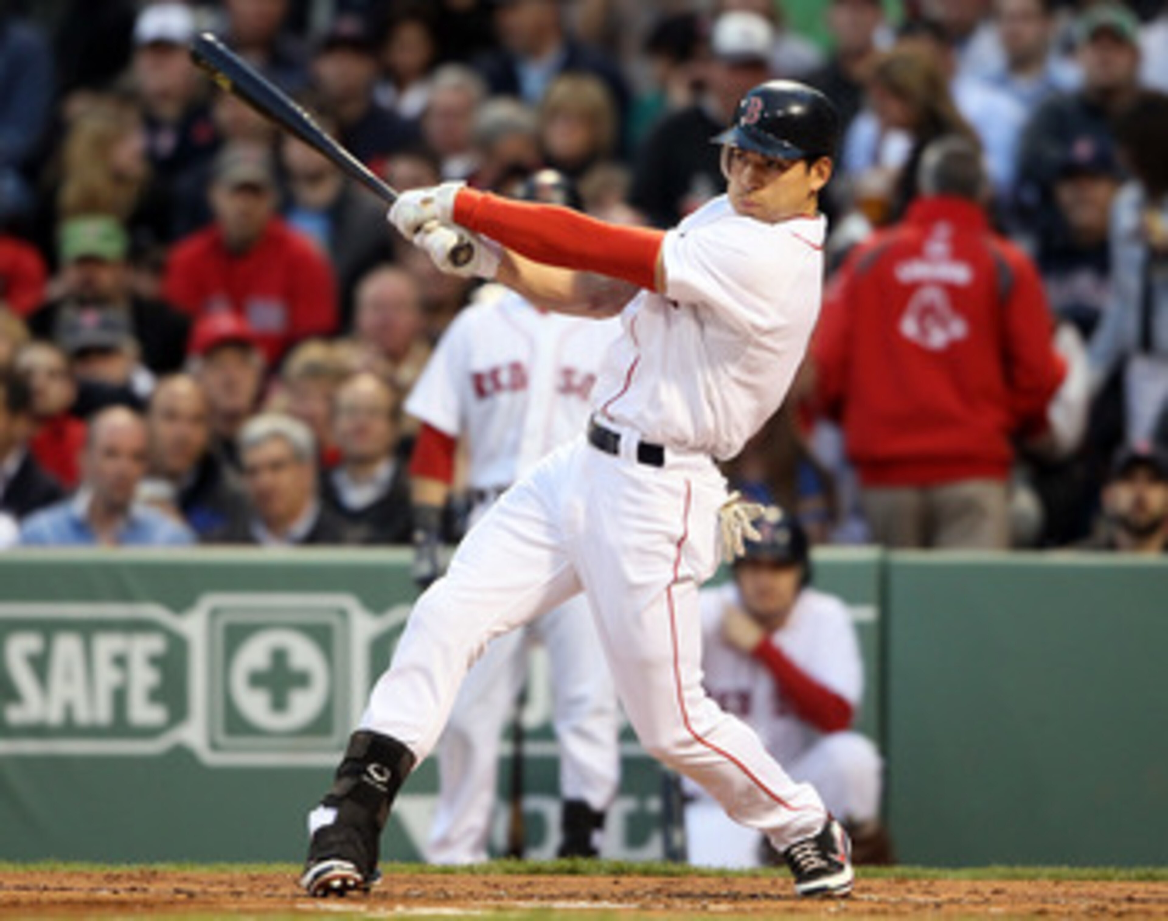 BOSTON, MA - MAY 02:  Jacoby Ellsbury #2 of the Boston Red Sox hits a single in the first inning against the Los Angeles Angels on May 2, 2011 at Fenway Park in Boston, Massachusetts.  (Photo by Elsa/Getty Images)