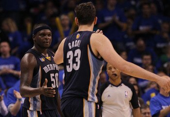 OKLAHOMA CITY, OK - MAY 01:  Forward Zach Randolph #50  and Marc Gasol #33 of the Memphis Grizzlies celebrate a 114-101 win against the Oklahoma City Thunder in Game One of the Western Conference Semifinals in the 2011 NBA Playoffs on May 1, 2011 at Oklah