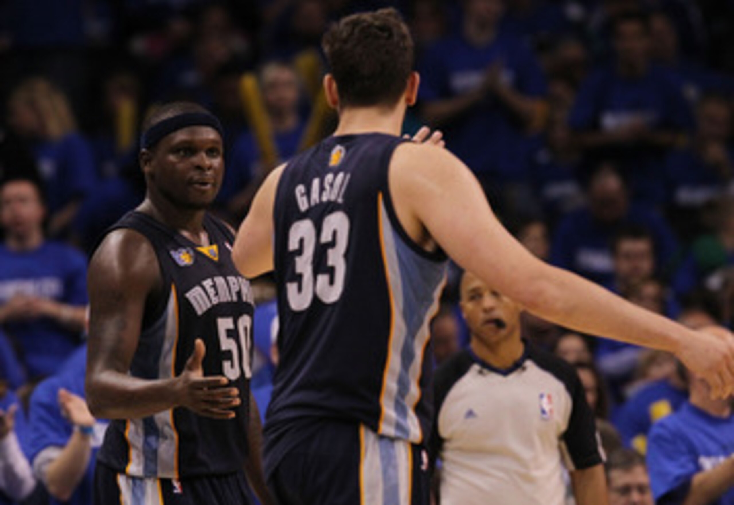 OKLAHOMA CITY, OK - MAY 01:  Forward Zach Randolph #50  and Marc Gasol #33 of the Memphis Grizzlies celebrate a 114-101 win against the Oklahoma City Thunder in Game One of the Western Conference Semifinals in the 2011 NBA Playoffs on May 1, 2011 at Oklah