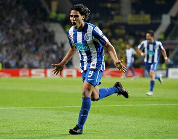 PORTO, PORTUGAL - APRIL 28:  Radamel Falcao of FC Porto celebrates after scoring his side fifth goal during the UEFA Europa League semi final first leg match between FC Porto and Villarreal at Estadio do Dragao on April 28, 2011 in Porto, Portugal.  (Phot