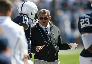 STATE COLLEGE, PA - SEPTEMBER 19: Head coach Joe Paterno of the Penn State Nittany Lions coaches on the sideline during a game against the Temple Owls on September 19, 2009 at Beaver Stadium in State College, Pennsylvania. (Photo by Hunter Martin/Getty Im