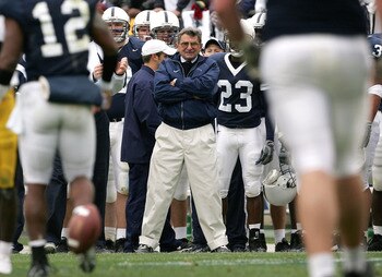 STATE COLLEGE, PA - OCTOBER 23:  Head coach Joe Paterno of the Penn State Nittnay Lions watches as his offense struggles against the Iowa Hawkeyes as Iowa defeated Penn State 6-4 during NCAA football at Beaver Stadium on October 23, 2004 in State College,