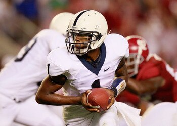 TUSCALOOSA, AL - SEPTEMBER 11:  Quarterback Robert Bolden #1 of the Penn State Nittany Lions against the Alabama Crimson Tide at Bryant-Denny Stadium on September 11, 2010 in Tuscaloosa, Alabama.  (Photo by Kevin C. Cox/Getty Images)