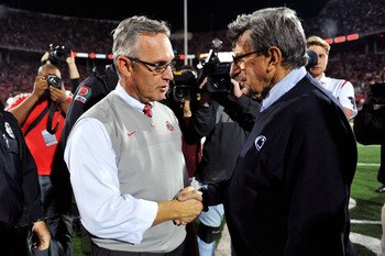 COLUMBUS, OH - NOVEMBER 13:  Head Coach Jim Tressel of the Ohio State Buckeyes greets Head Coach Joe Paterno of the Penn State Nittany Lions at midfield following the Buckeyes' 38-14 win over the Nittany Lions at Ohio Stadium on November 13, 2010 in Colum