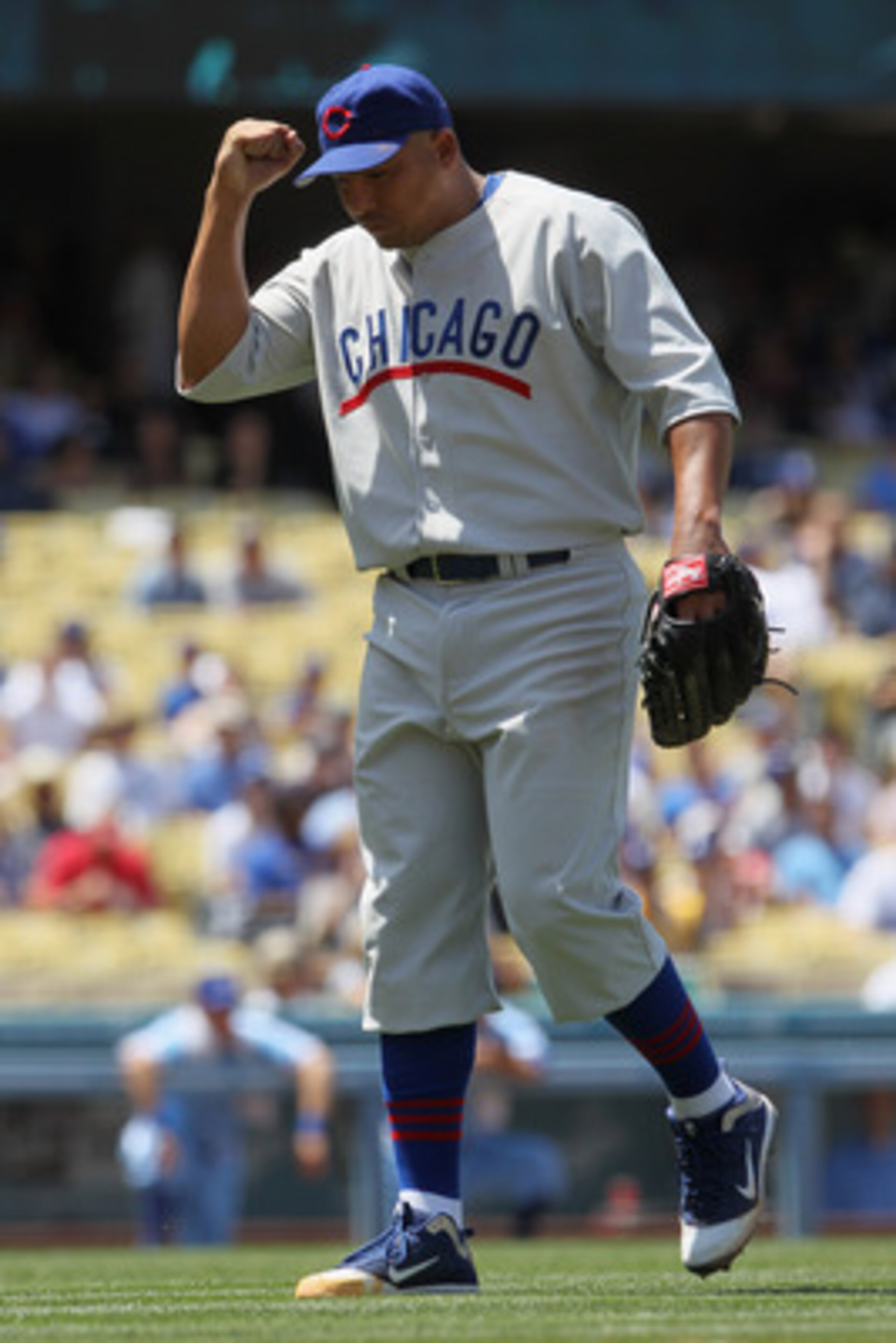 LOS ANGELES, CA - MAY 04:  Pitcher Carlos Zambrano #38 of the Chicago Cubs pumps his fist after Matt Kemp (not pictured) of the Los Angeles Dodgers grounded into a double play to end the sixth inning at Dodger Stadium on May 4, 2011 in Los Angeles, Califo