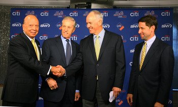 NEW YORK - OCTOBER 29:  (L - R) Saul Katz, CEO of the Mets, Fred Wilpon, president of the Mets, Sandy Alderson and Jeff Wilpon, chief operating officer of the Mets pose for a photo during Alderson's introduction as the general manager for the New York Met