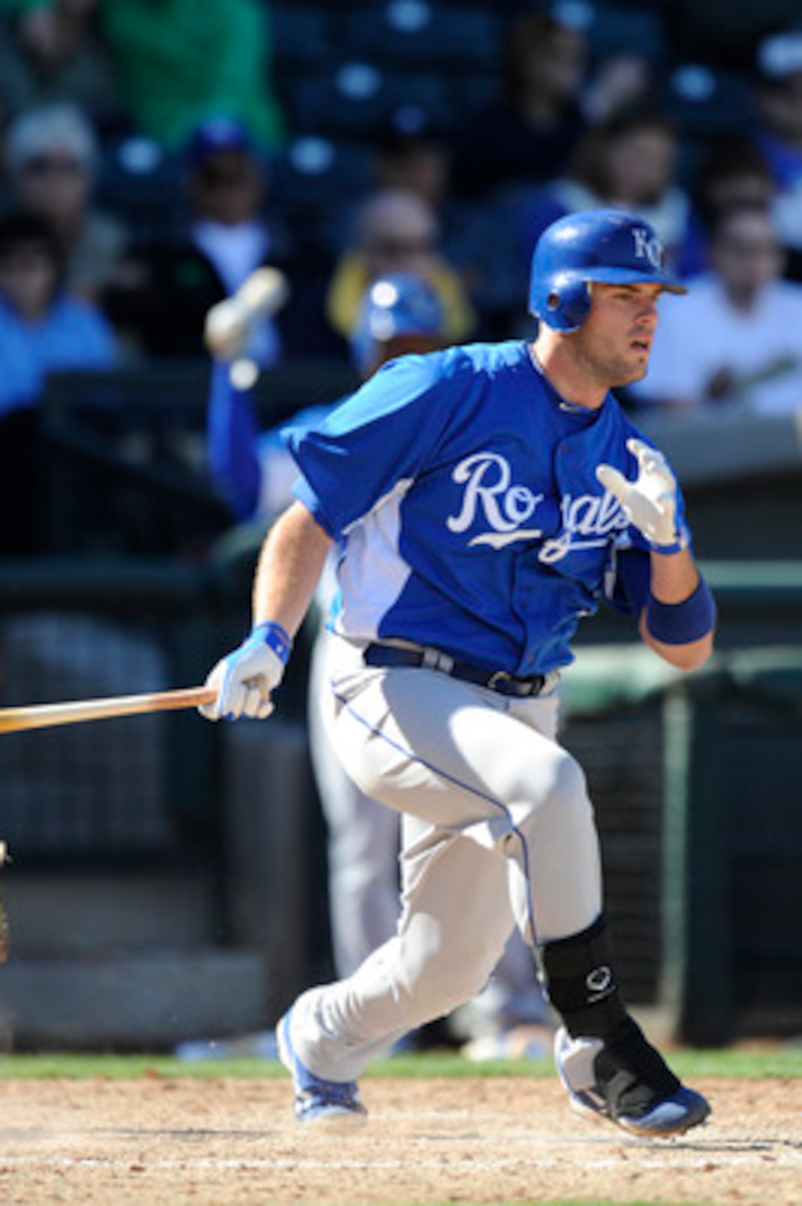 SURPISE, AZ - FEBRUARY 27: Mike Moustakas #8 of the Kansas City Royals bats during a spring training game against the Texas Rangers at Surprise Stadium on February 27, 2011 in Surprise, Arizona. (Photo by Rob Tringali/Getty Images)