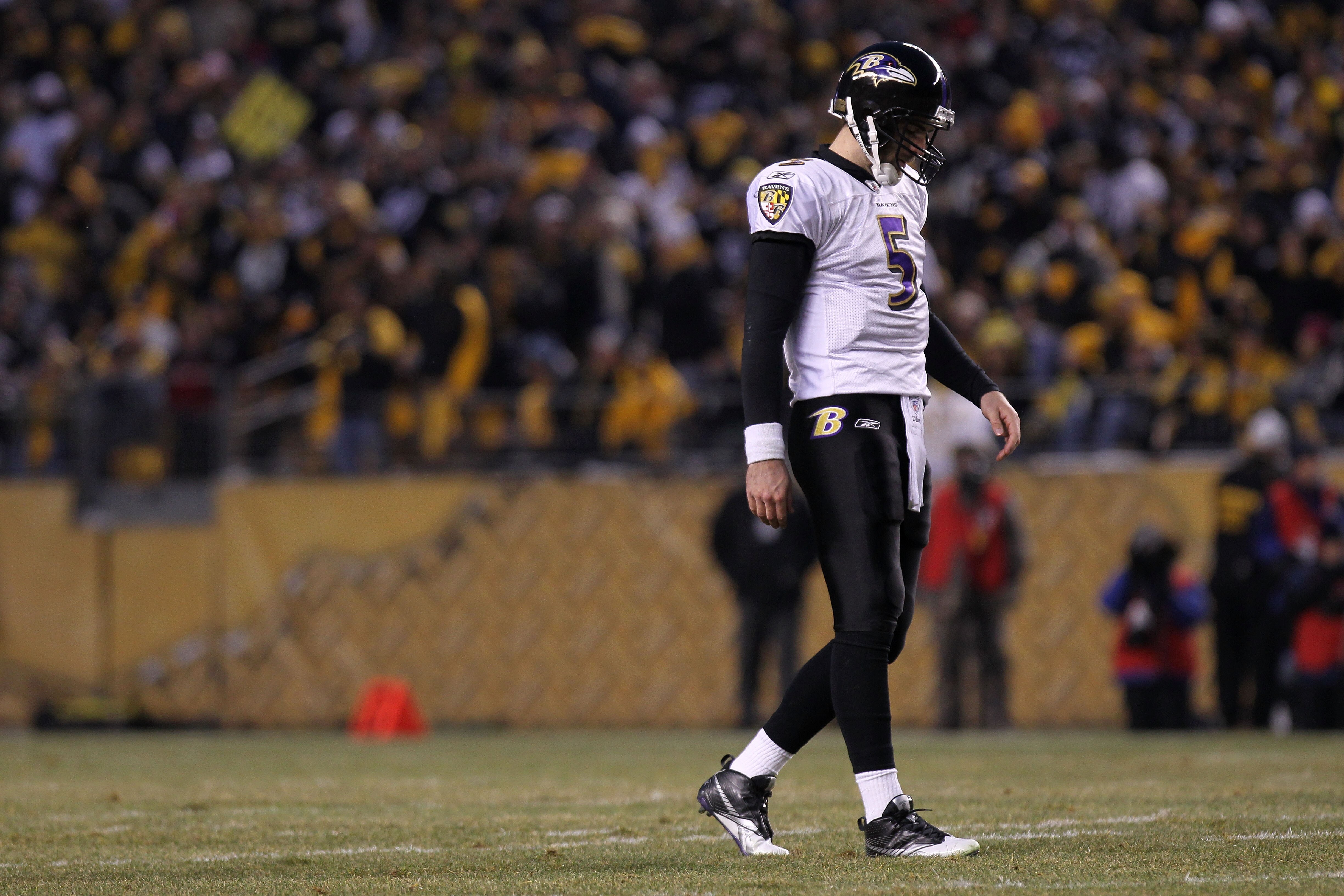 PITTSBURGH, PA - JANUARY 15: Quarterback Joe Flacco #5 of the Baltimore Ravens walks off the field against the Pittsburgh Steelers in the AFC Divisional Playoff Game at Heinz Field on January 15, 2011 in Pittsburgh, Pennsylvania. (Photo by Nick Laham/Ge PITTSBURGH, PA - JANUARY 15: Quarterback Joe Flacco #5 of the Baltimore Ravens walks off the field against the Pittsburgh Steelers in the AFC Divisional Playoff Game at Heinz Field on January 15, 2011 in Pittsburgh, Pennsylvania. (Photo by Nick Laham/Ge
