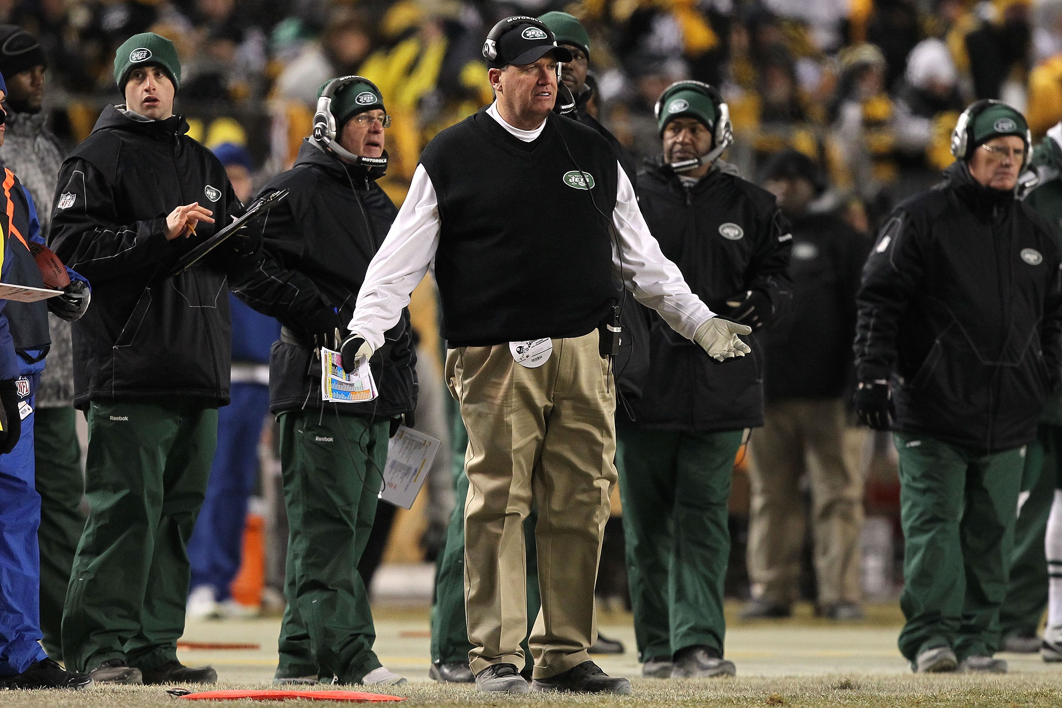 PITTSBURGH, PA - JANUARY 23: Head coach Rex Ryan of the New York Jets reacts against the Pittsburgh Steelers during the 2011 AFC Championship game at Heinz Field on January 23, 2011 in Pittsburgh, Pennsylvania. (Photo by Al Bello/Getty Images) PITTSBURGH, PA - JANUARY 23: Head coach Rex Ryan of the New York Jets reacts against the Pittsburgh Steelers during the 2011 AFC Championship game at Heinz Field on January 23, 2011 in Pittsburgh, Pennsylvania. (Photo by Al Bello/Getty Images)