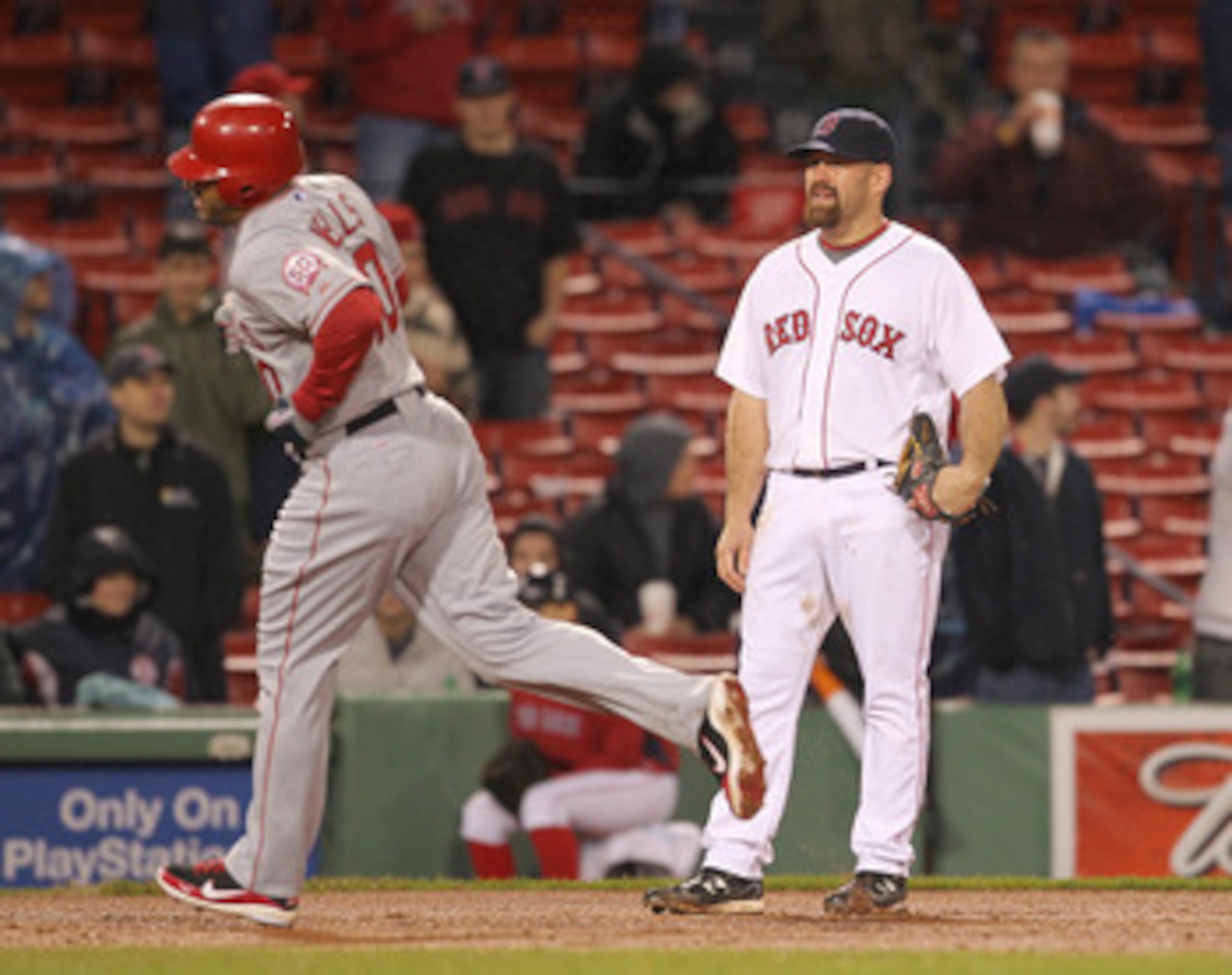 BOSTON, MA - MAY 4: Vernon Wells #10 of the Los Angeles Angels hits a two-run home run against the Boston Red Sox at Fenway Park on May 4, 2011 in Boston, Massachusetts. (Photo by Jim Rogash/Getty Images)