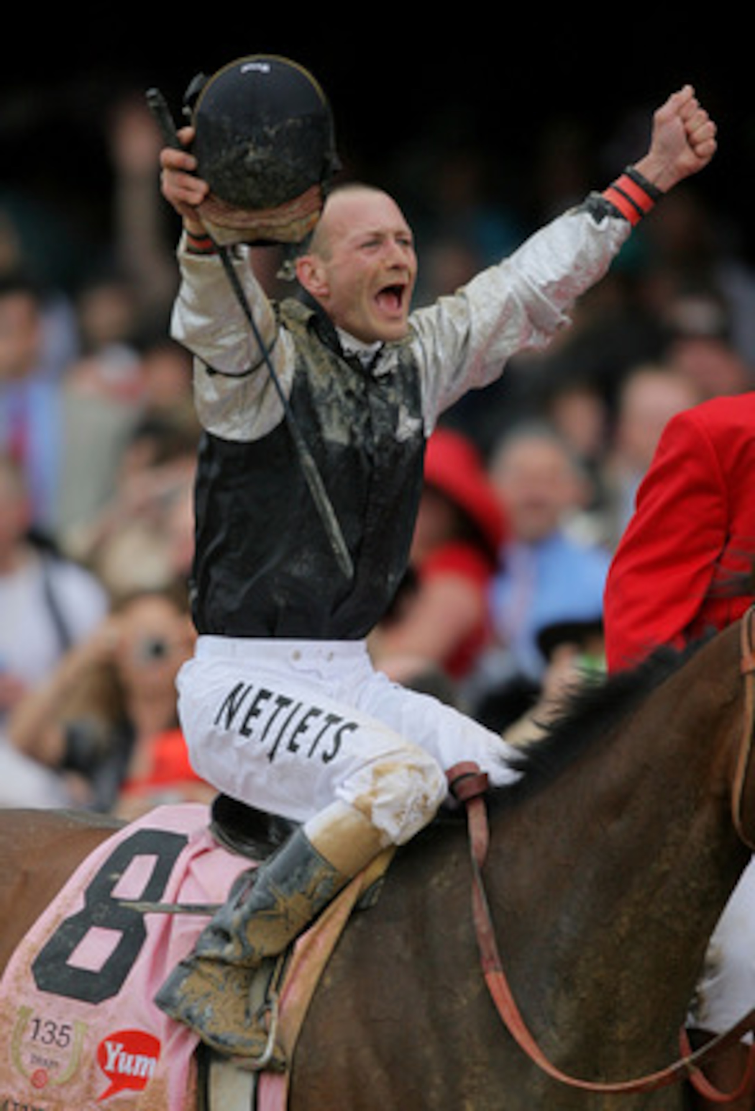 LOUISVILLE, KY - MAY 02:  Jockey Calvin Borel atop Mine That Bird celebrates his win in the 135th running of the Kentucky Derby on May 2, 2009 at Churchill Downs in Louisville, Kentucky.  (Photo by Matthew Stockman/Getty Images)