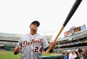 OAKLAND, CA - APRIL 17:  Miguel Cabrera #24 of the Detroit Tigers signs autographs before their game against the Oakland Athletics at Oakland-Alameda County Coliseum on April 17, 2011 in Oakland, California.  (Photo by Ezra Shaw/Getty Images)
