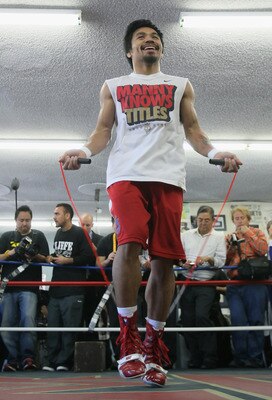 HOLLYWOOD, CA - APRIL 20:  Manny Pacquiao of the Philippines jumps rope during a media workout at the Wild Card Boxing Club on April 20, 2011 in Hollywood, California.  (Photo by Jeff Gross/Getty Images)