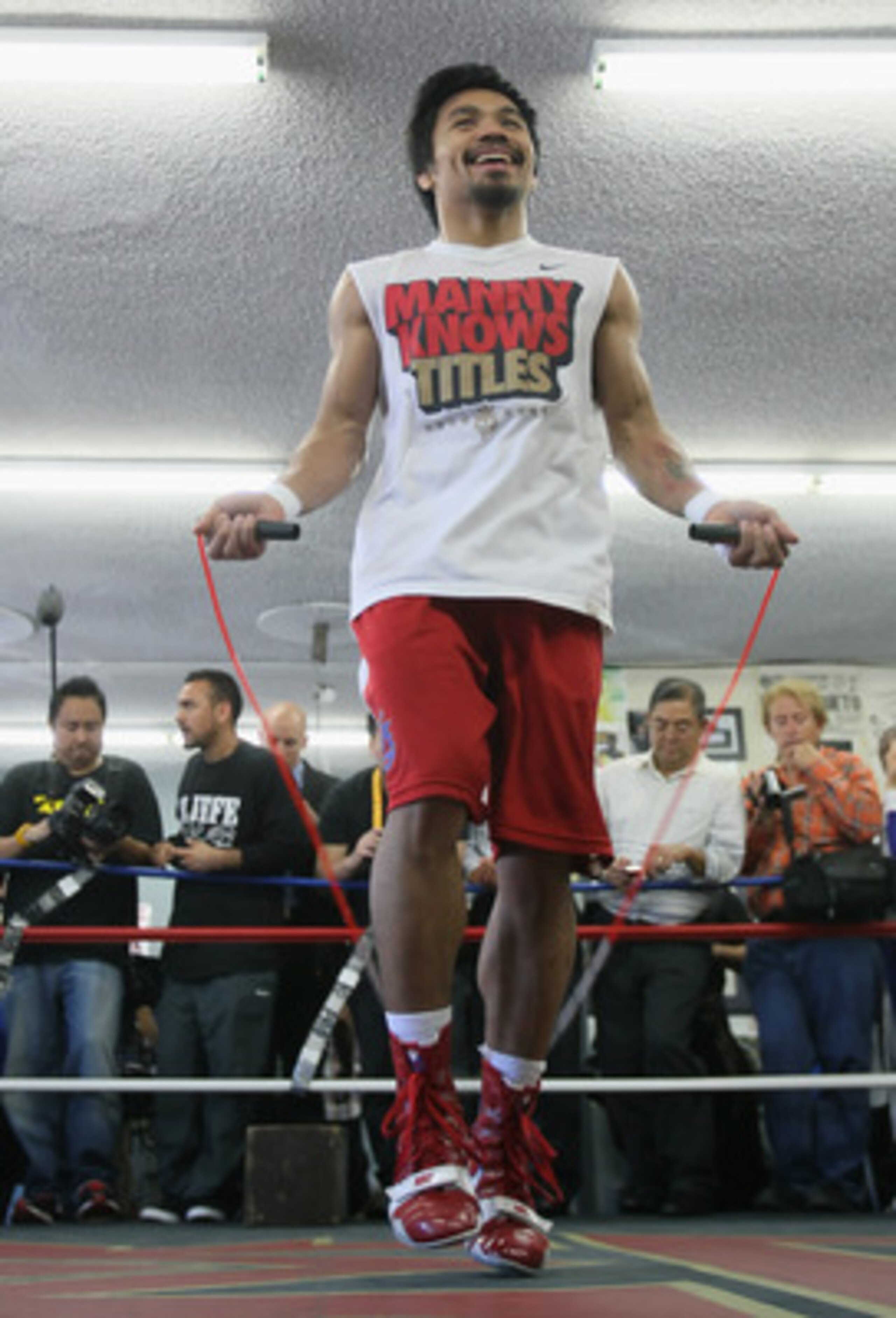 HOLLYWOOD, CA - APRIL 20:  Manny Pacquiao of the Philippines jumps rope during a media workout at the Wild Card Boxing Club on April 20, 2011 in Hollywood, California.  (Photo by Jeff Gross/Getty Images)