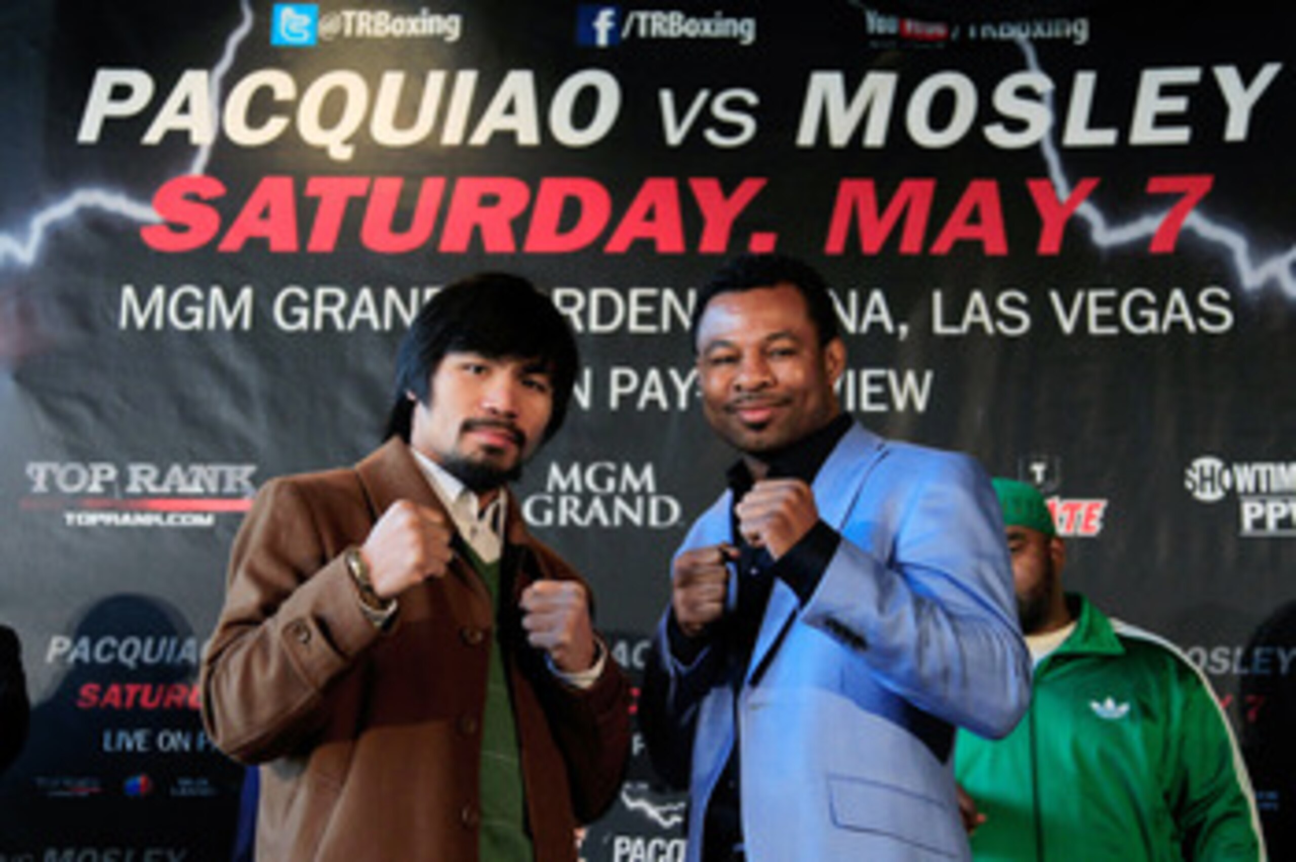 NEW YORK, NY - FEBRUARY 14:  (L) Manny Pacquiao and (R) Shane Mosley pose to promote their upcoming fight at The Lighthouse at Chelsea Piers on February 14, 2011 in New York City.  (Photo by Chris Trotman/Getty Images)