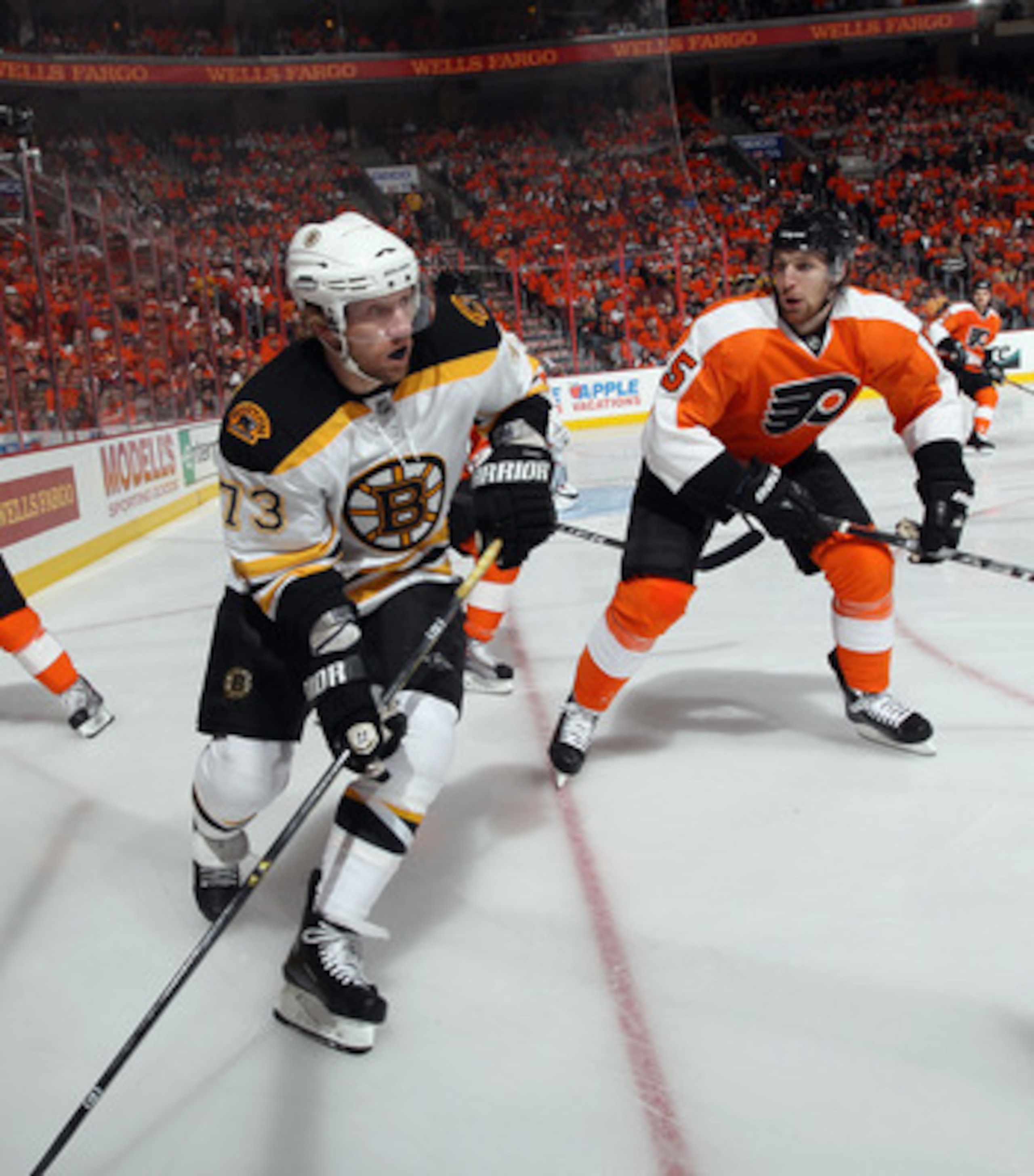 PHILADELPHIA, PA - APRIL 30: Michael Ryder #73 of the Boston Bruins skates against Braydon Coburn #5 of the Philadelphia Flyers in Game One of the Eastern Conference Semifinals during the 2011 NHL Stanley Cup Playoffs at the Wells Fargo Center on April 30