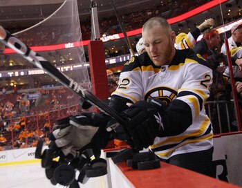 PHILADELPHIA, PA - APRIL 30:  Shawn Thornton #22 of the Boston Bruins tosses pucks onto the ice prior to playing against the Philadelphia Flyers  in Game One of the Eastern Conference Semifinals during the 2011 NHL Stanley Cup Playoffs at the Wells Fargo 