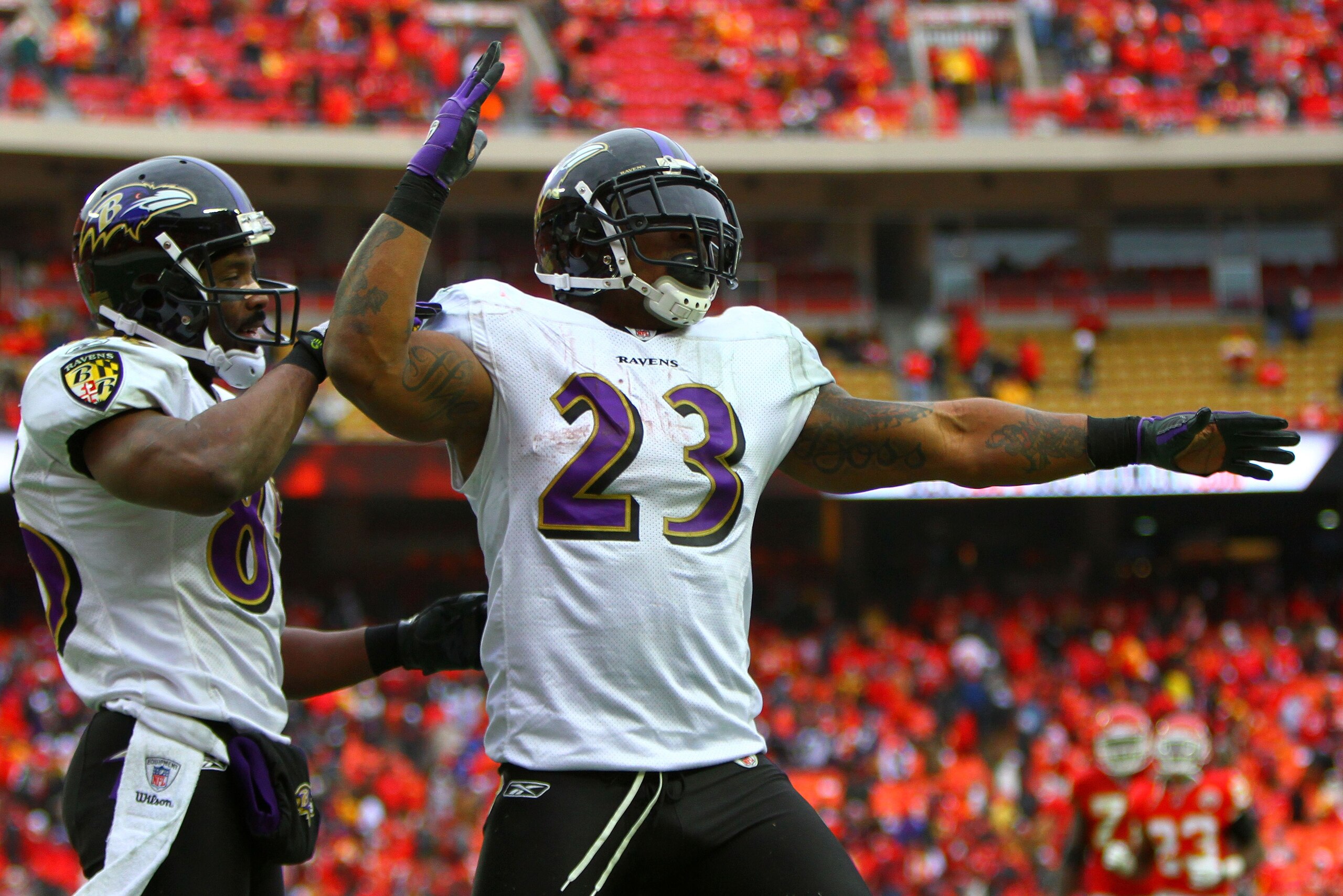 KANSAS CITY, MO - JANUARY 09:  Running back Willis McGahee #23 of the Baltimore Ravens celebrates after scoring a touchdown in the fourth quarter of the 2011 AFC wild card playoff game against the Kansas City Chiefs at Arrowhead Stadium on January 9, 2011