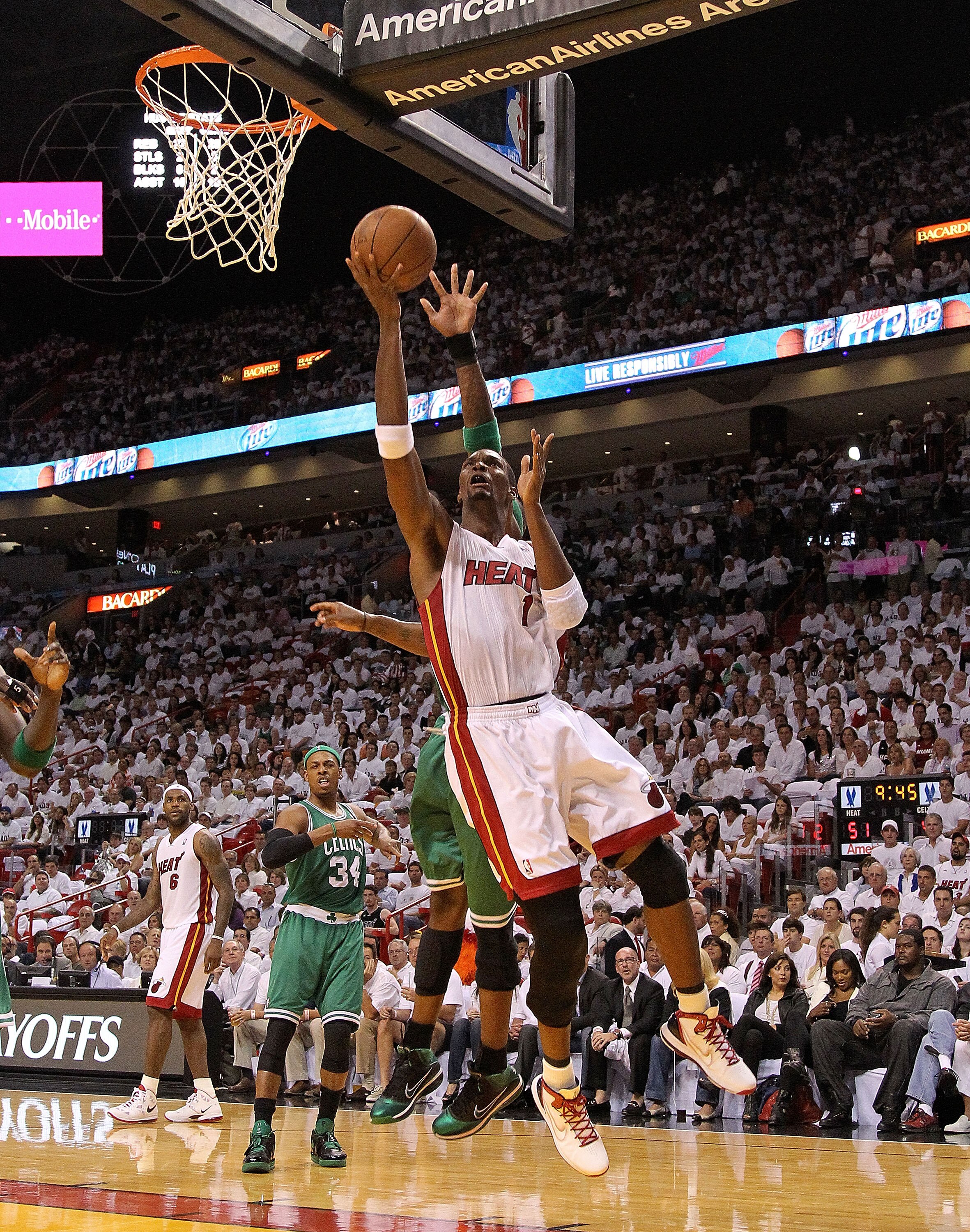 MIAMI, FL - MAY 03: Chris Bosh #1 of the Miami Heat takes a shot during Game Two of the Eastern Conference Semifinals of the 2011 NBA Playoffs against the Boston Celtics at American Airlines Arena on May 3, 2011 in Miami, Florida. NOTE TO USER: User expre