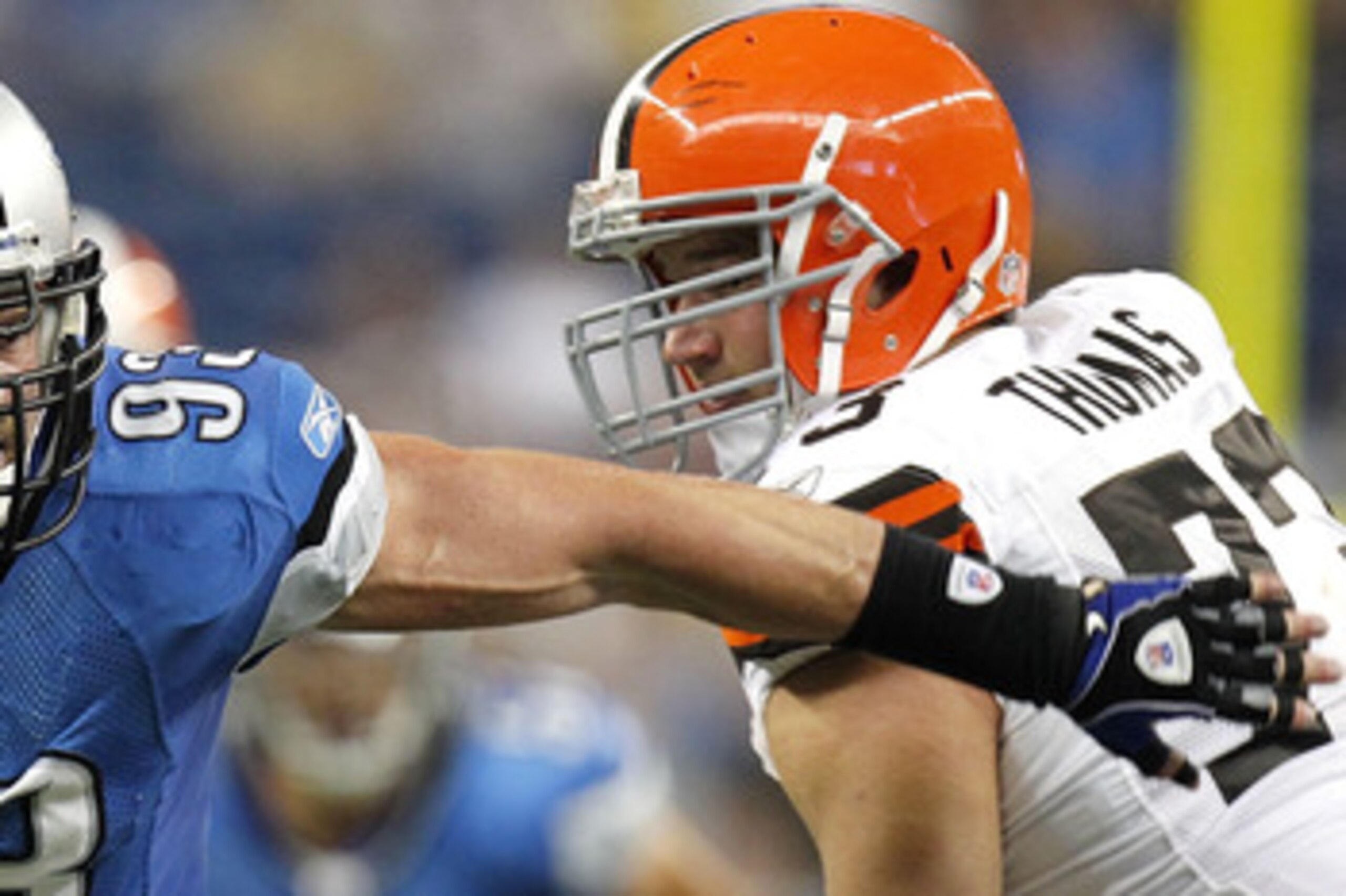 DETROIT - AUGUST 28: Kyle Vanden Bosch #93 of the Detroit Lions tries to get around Joe Thomas #73 during a preseason game on August 28, 2010 at Ford Field in Detroit, Michigan. (Photo by Gregory Shamus/Getty Images) DETROIT - AUGUST 28: Kyle Vanden Bosch #93 of the Detroit Lions tries to get around Joe Thomas #73 during a preseason game on August 28, 2010 at Ford Field in Detroit, Michigan. (Photo by Gregory Shamus/Getty Images)