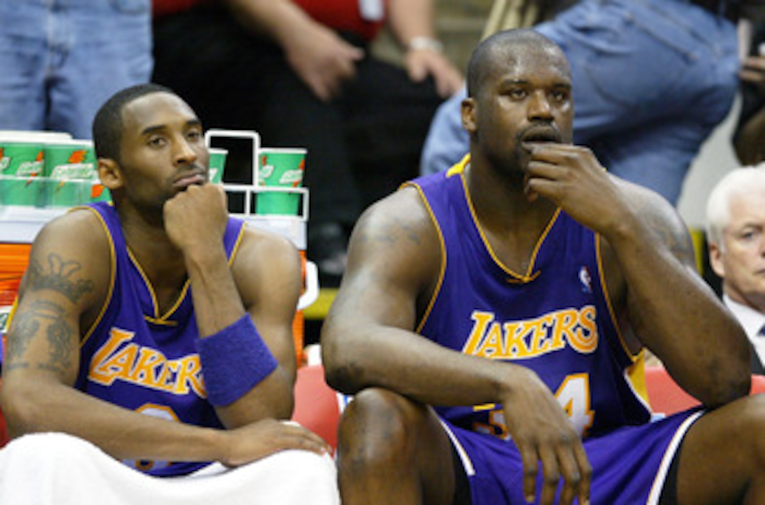 MINNEAPOLIS - MAY 23:  Kobe Bryant #8 and Shaquille O'Neal #34 of the Los Angeles Lakers look on in the second half of Game two of the Western Conference Finals against the Minnesota Timberwolves during the 2004 NBA Playoffs on May 23, 2004 at Target Cent