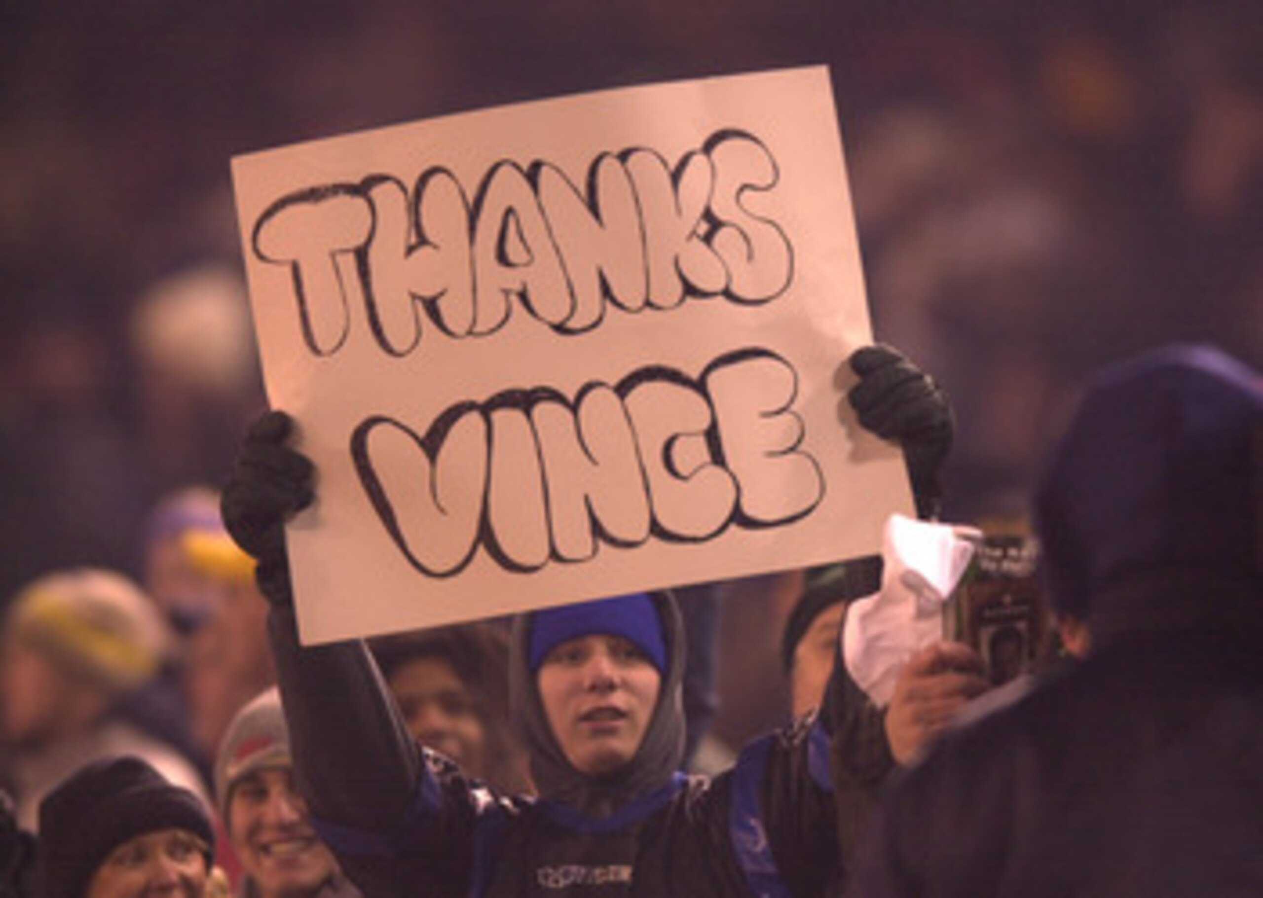18 Feb 2001: A New York Hitmen fan holds a sign thanking Vince McMahon during the Hitmen's game against the Orlando Rage at Giant Stadium in East Rutherford, New Jersey. DIGITAL IMAGE Mandatory Credit: Ezra Shaw/ALLSPORT 18 Feb 2001: A New York Hitmen fan holds a sign thanking Vince McMahon during the Hitmen's game against the Orlando Rage at Giant Stadium in East Rutherford, New Jersey. DIGITAL IMAGE Mandatory Credit: Ezra Shaw/ALLSPORT