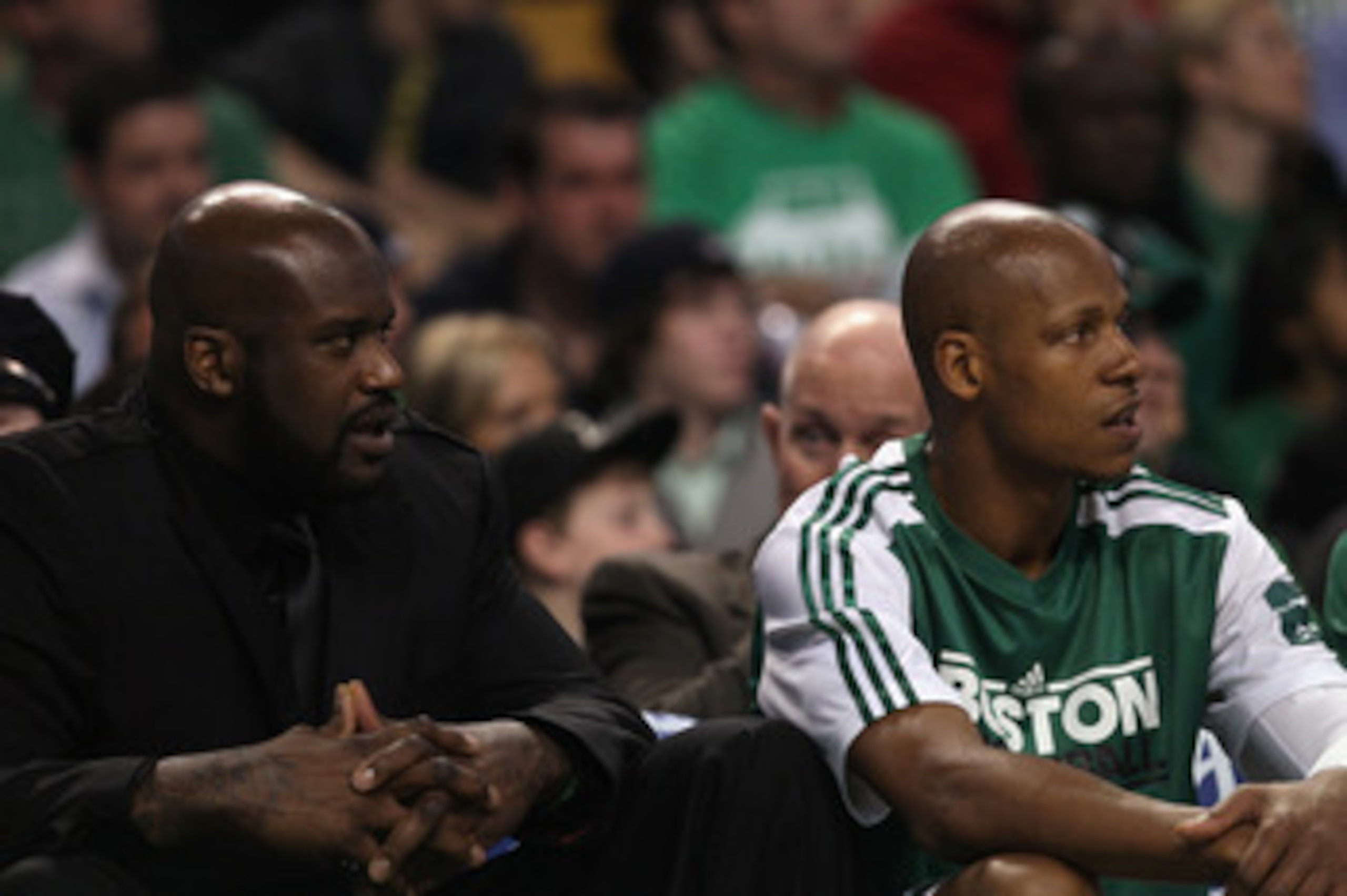 BOSTON, MA - APRIL 17:  Shaquille O'Neal #36 of the Boston Celtics sits on the bench with Ray Allen #20 in Game One of the Eastern Conference Quarterfinals in the 2011 NBA Playoffs on April 17, 2011 at the TD Garden in Boston, Massachusetts. NOTE TO USER: