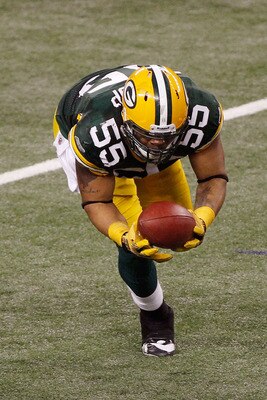ARLINGTON, TX - FEBRUARY 06:  Desmond Bishop #55 of the Green Bay Packers recovers his fumble against the Pittsburgh Steelers during the fourth quarter of Super Bowl XLV at Cowboys Stadium on February 6, 2011 in Arlington, Texas.  (Photo by Joe Robbins/Ge