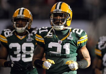 ARLINGTON, TX - FEBRUARY 06:  Tramon Williams #38 and Charles Woodson #21 of the Green Bay Packers warm up before taking on the Pittsburgh Steelers in Super Bowl XLV at Cowboys Stadium on February 6, 2011 in Arlington, Texas.  (Photo by Doug Pensinger/Get
