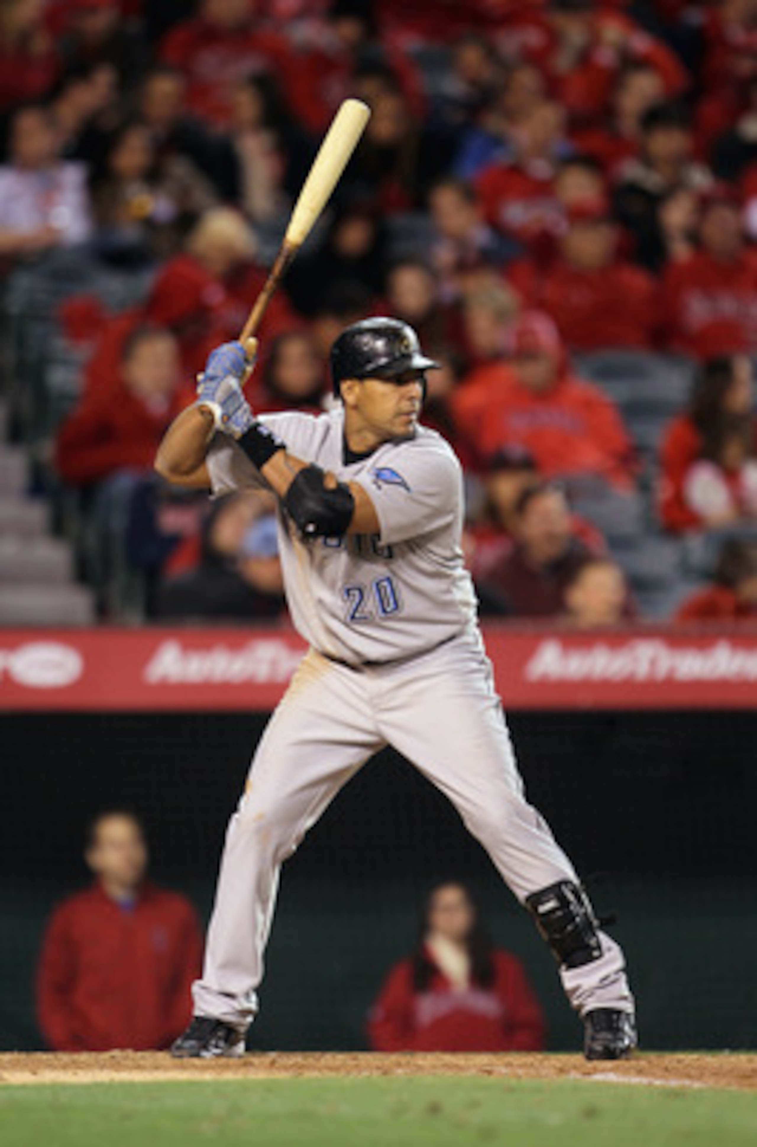 ANAHEIM, CA - APRIL 08:  Juan Rivera #20 of the Toronto Blue Jays bats against the Los Angeles Angels of Anaheim at Angel Stadium of Anaheim on April 8, 2011 in Anaheim, California.  (Photo by Jeff Gross/Getty Images)