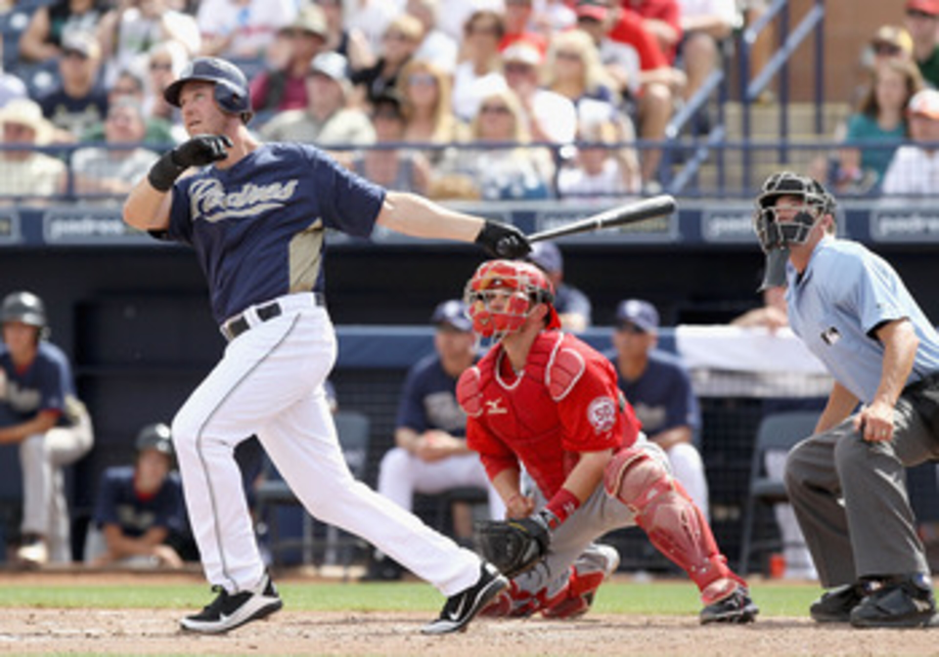 PEORIA, AZ - MARCH 15:  Ryan Ludwick #47 of the San Diego Padres hits a 2 run home run against the Los Angeles Angels of Anaheim during the third inning of the spring training game at Peoria Stadium on March 15, 2011 in Peoria, Arizona.  (Photo by Christi