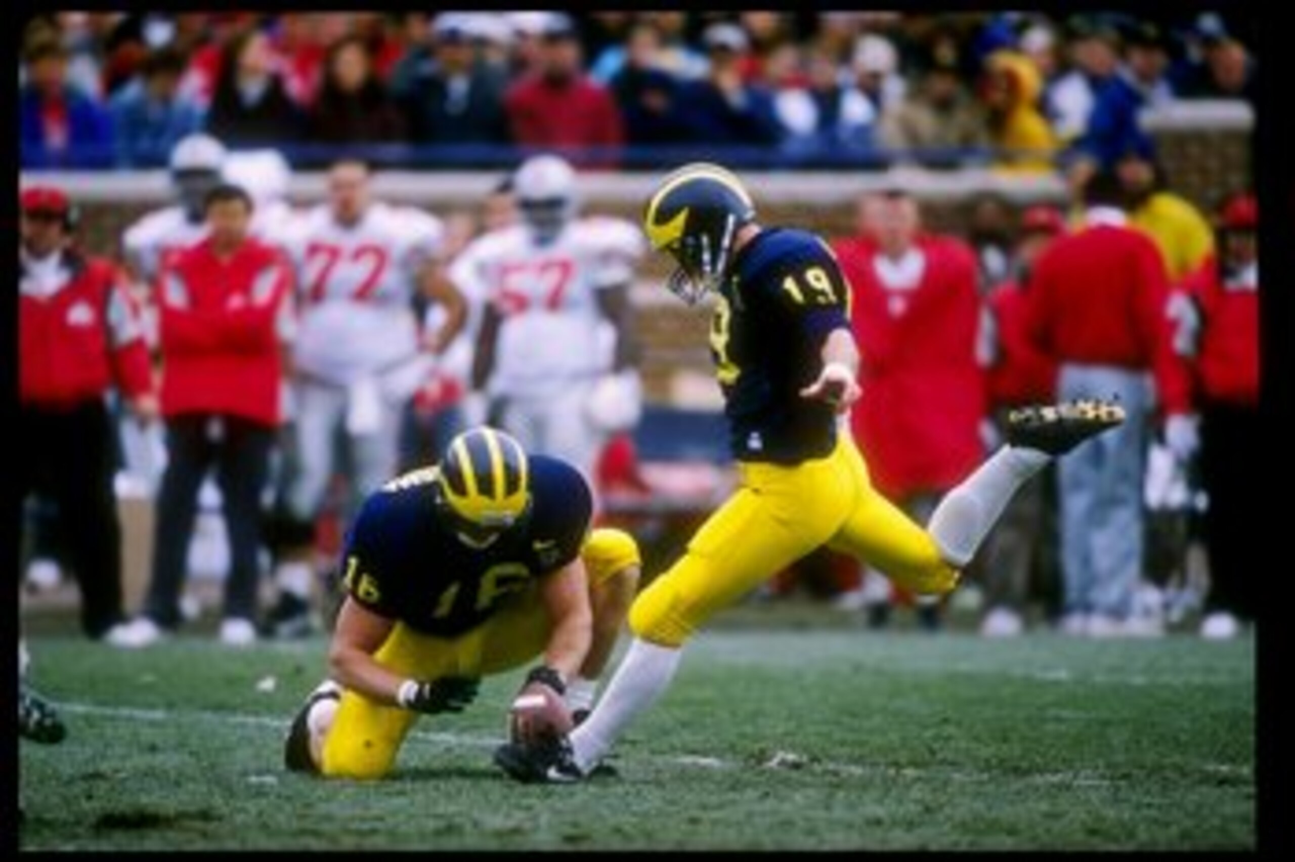 25 Nov 1995:  Place kicker Remy Hamilton of the Michigan Wolverines  prepares to kick the ball during a game against the Ohio State Buckeyes.  Michigan won the game 31-23. Mandatory Credit: Jonathan Daniel  /Allsport