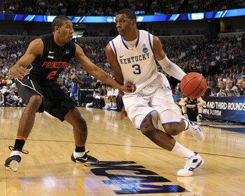 TAMPA, FL - MARCH 17:  Terrence Jones #3 of the Kentucky Wildcats drives against Kareem Maddox #2 of the Princeton Tigers during the second round of the 2011 NCAA men's basketball tournament at St. Pete Times Forum on March 17, 2011 in Tampa, Florida.  (P