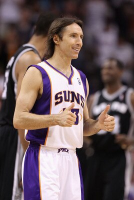PHOENIX, AZ - APRIL 13:  Steve Nash #13 of the Phoenix Suns gives thumbs up during the NBA game against the San Antonio Spurs at US Airways Center on April 13, 2011 in Phoenix, Arizona.  NOTE TO USER: User expressly acknowledges and agrees that, by downlo
