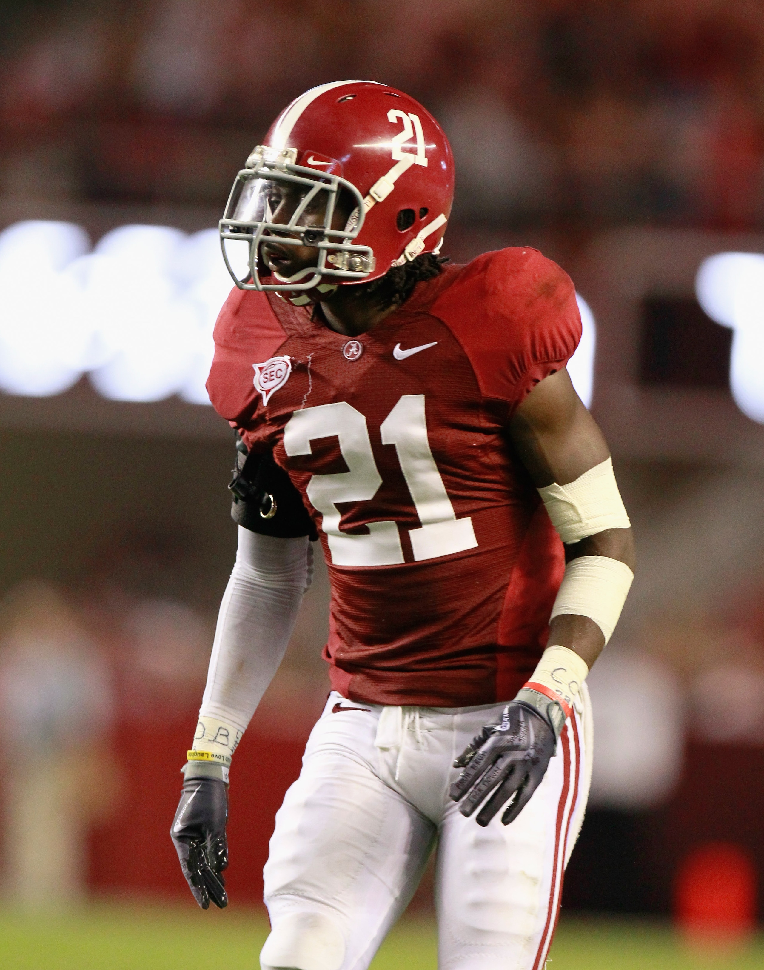 TUSCALOOSA, AL - SEPTEMBER 11:  Dre Kirkpatrick #21 of the Alabama Crimson Tide against the Penn State Nittany Lions at Bryant-Denny Stadium on September 11, 2010 in Tuscaloosa, Alabama.  (Photo by Kevin C. Cox/Getty Images)