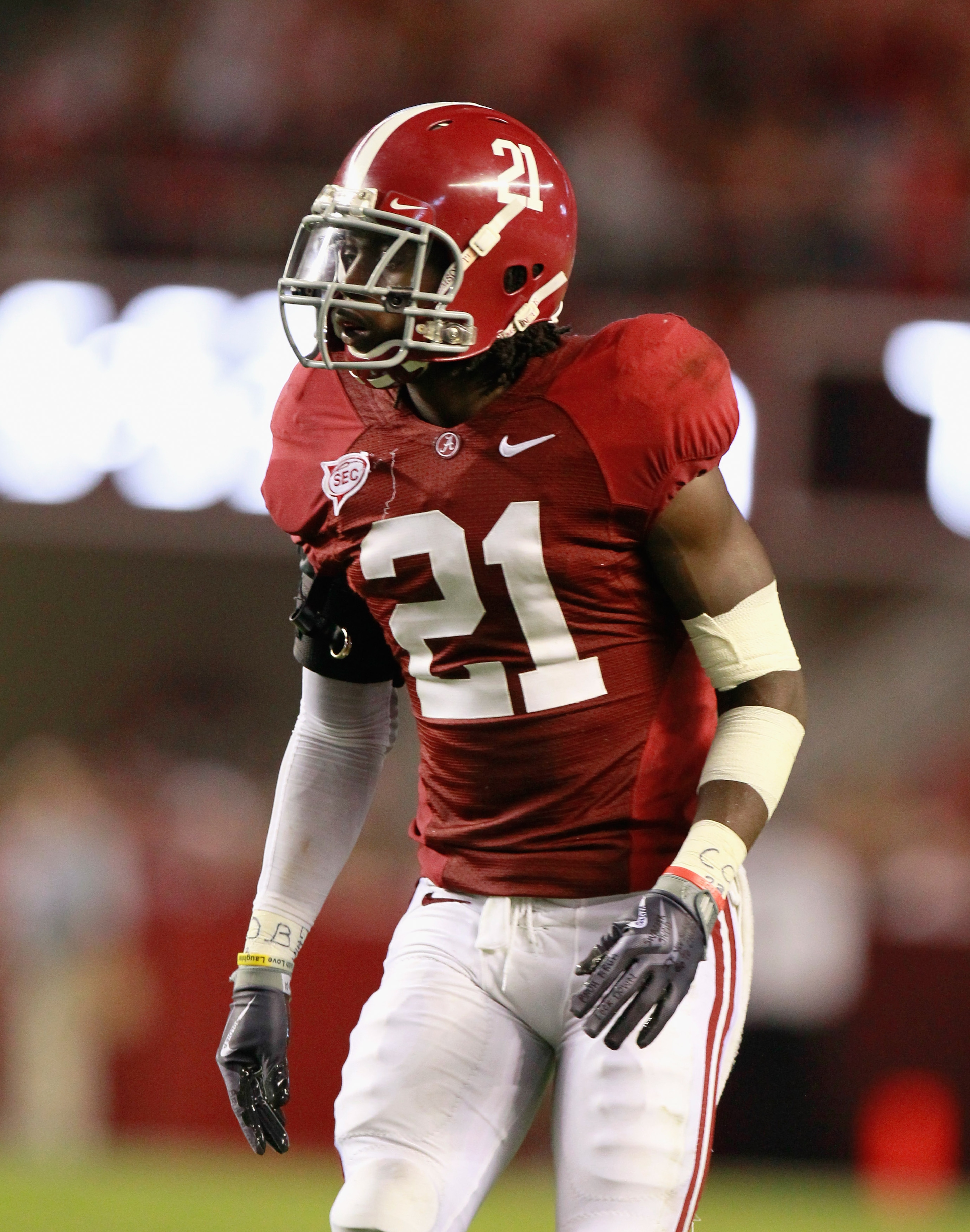 TUSCALOOSA, AL - SEPTEMBER 11:  Dre Kirkpatrick #21 of the Alabama Crimson Tide against the Penn State Nittany Lions at Bryant-Denny Stadium on September 11, 2010 in Tuscaloosa, Alabama.  (Photo by Kevin C. Cox/Getty Images)