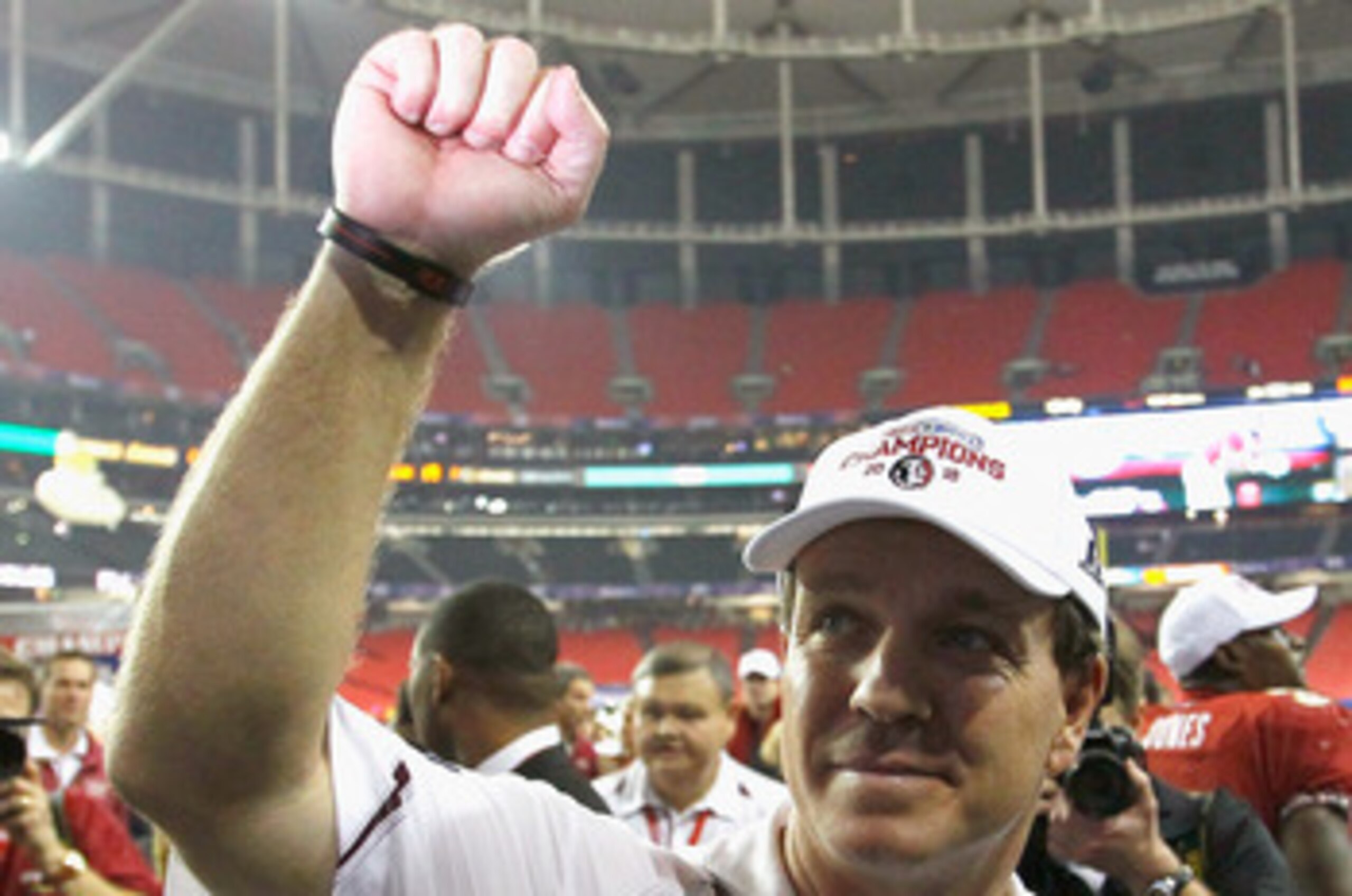 ATLANTA, GA - DECEMBER 31:  Head coach Jimbo Fisher of the Florida State Seminoles sideline reacts after their 26-17 win over the South Carolina Gamecocks during the 2010 Chick-fil-A Bowl at Georgia Dome on December 31, 2010 in Atlanta, Georgia.  (Photo b