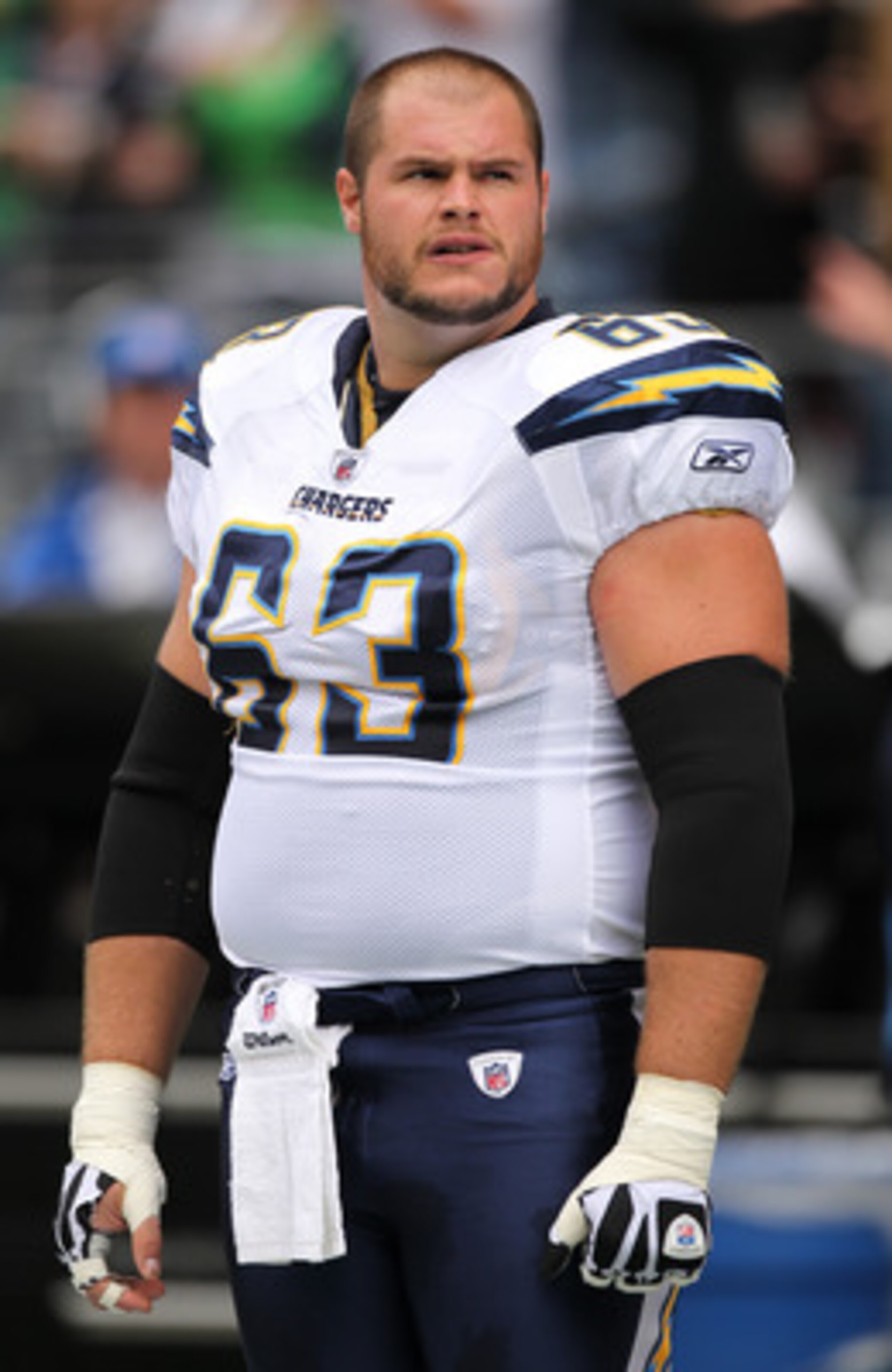 SEATTLE - SEPTEMBER 26:  Center Scott Mruczkowski #63 of the San Diego Chargers looks on prior to the game against the Seattle Seahawks at Qwest Field on September 26, 2010 in Seattle, Washington. (Photo by Otto Greule Jr/Getty Images)