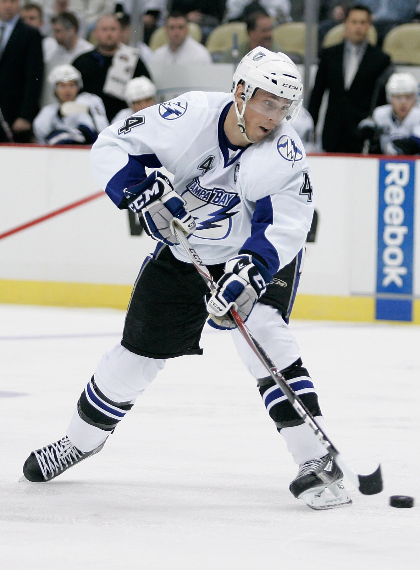 PITTSBURGH, PA - APRIL 15:  Vincent Lecavalier#4 of the Tampa Bay Lightning looks to pass the puck during Game Two of the Eastern Conference Quarterfinals against the  Pittsburgh Penguins during the 2011 NHL Stanley Cup Playoffs at Consol Energy Center on
