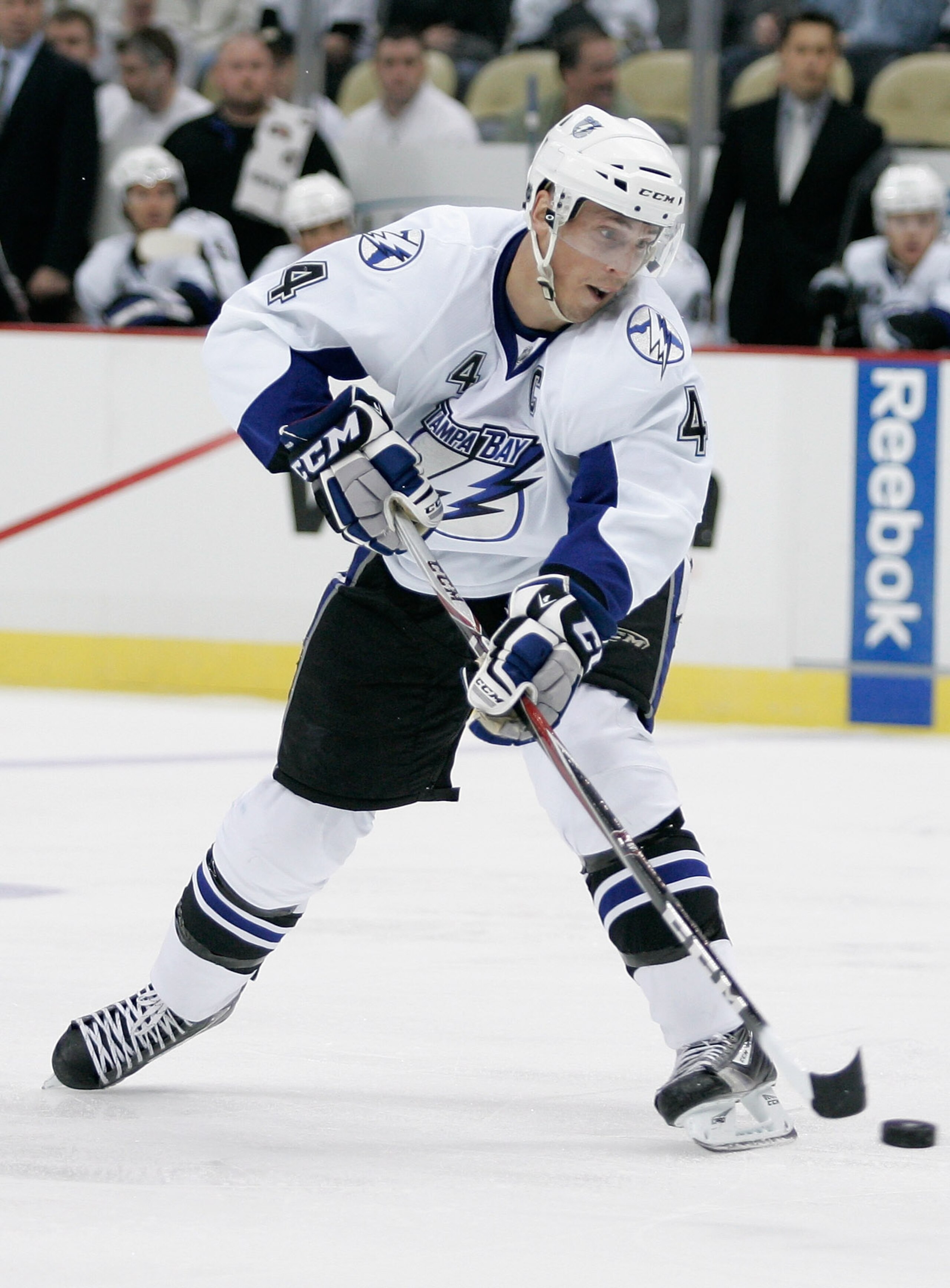 PITTSBURGH, PA - APRIL 15: Vincent Lecavalier#4 of the Tampa Bay Lightning looks to pass the puck during Game Two of the Eastern Conference Quarterfinals against the Pittsburgh Penguins during the 2011 NHL Stanley Cup Playoffs at Consol Energy Center on PITTSBURGH, PA - APRIL 15: Vincent Lecavalier#4 of the Tampa Bay Lightning looks to pass the puck during Game Two of the Eastern Conference Quarterfinals against the Pittsburgh Penguins during the 2011 NHL Stanley Cup Playoffs at Consol Energy Center on