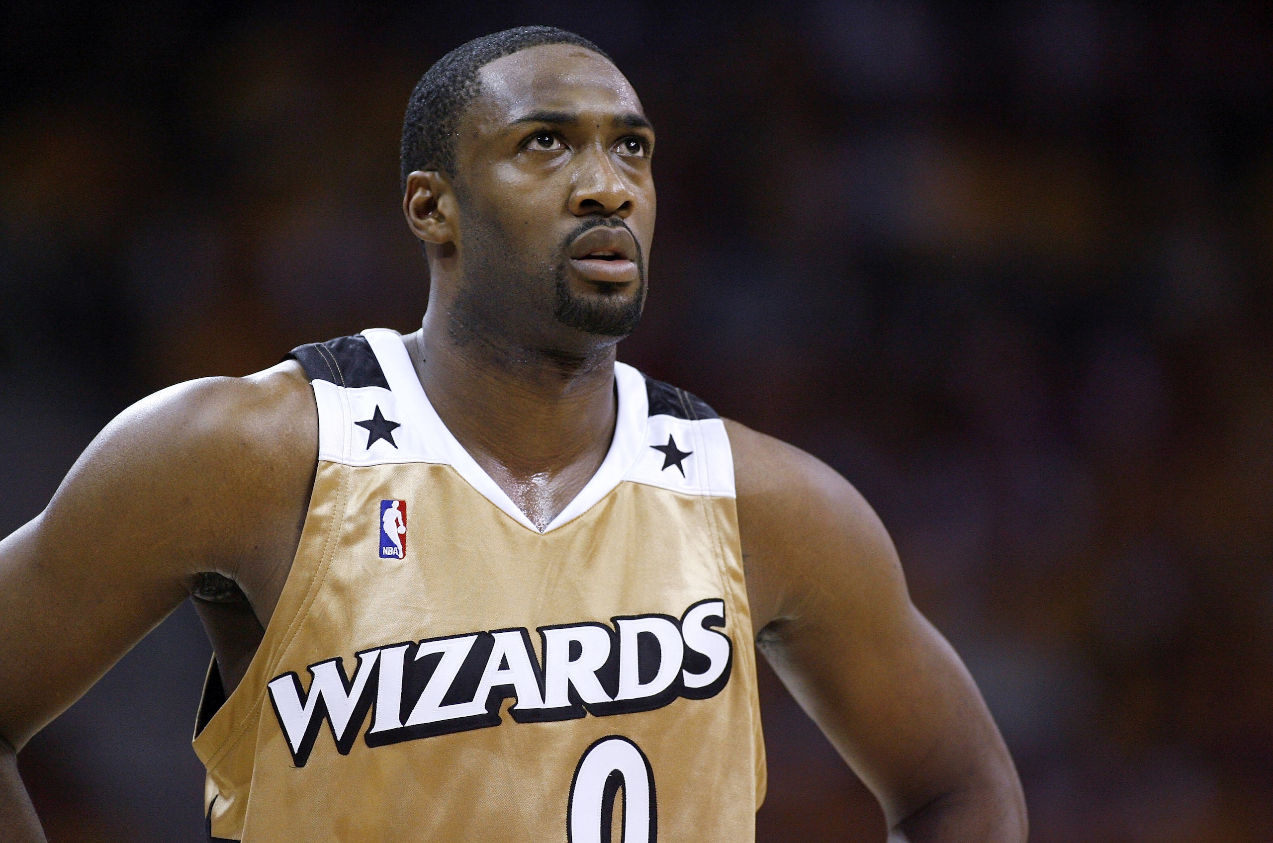 CLEVELAND - APRIL 19:  Gilbert Arenas #0 of the Washington Wizards looks on  while playing the Cleveland Cavaliers in Game One of the Eastern Conference Quarterfinals during the 2008 NBA Playoffs at Quicken Loans Arena on April 19, 2008 in Cleveland, Ohio