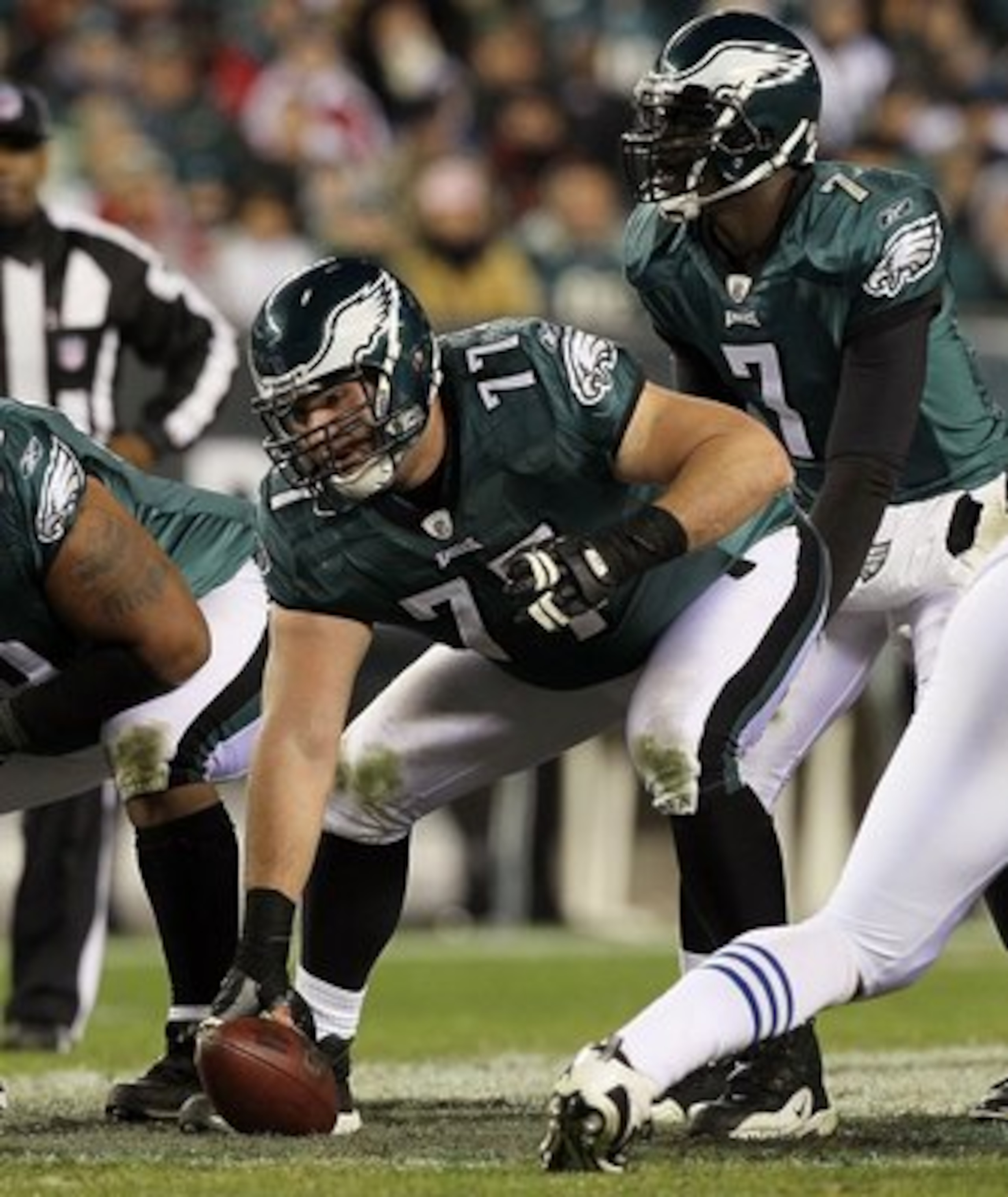 PHILADELPHIA - NOVEMBER 07:  Mike McGlynn #77 of the Philadelphia Eagles against the Indianapolis Colts on November 7, 2010 at Lincoln Financial Field in Philadelphia, Pennsylvania. The Eagles defeated the Colts 26-24.  (Photo by Jim McIsaac/Getty Images)