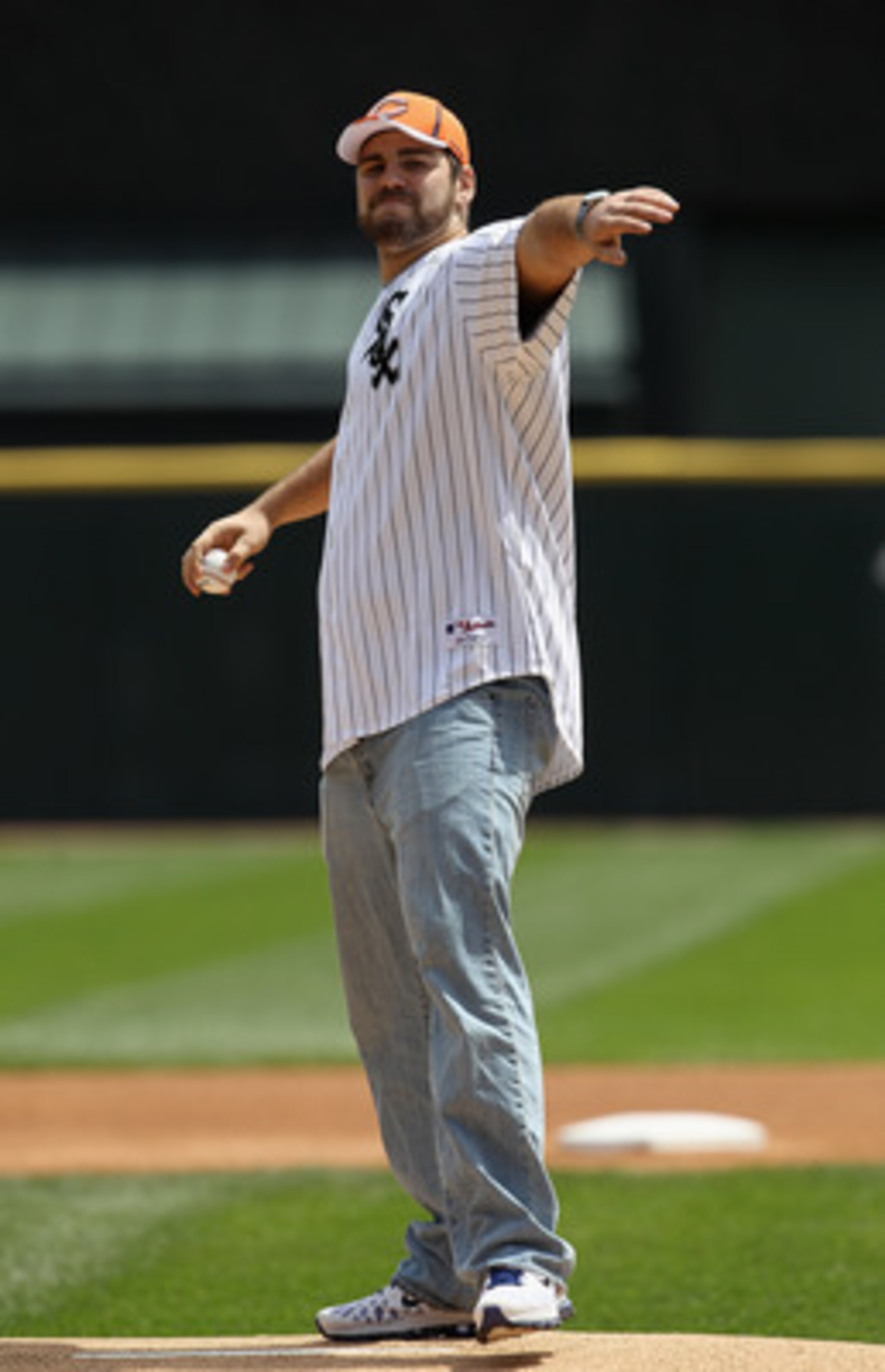 CHICAGO, IL - MAY 01: Gabe Carimi, the 1st round draft choice of the Chicago Bears, throws out a ceremonial first pitch before the Chicago White Sox take on the Baltimore Orioles at U.S. Cellular Field on May 1, 2011 in Chicago, Illinois. (Photo by Jonath