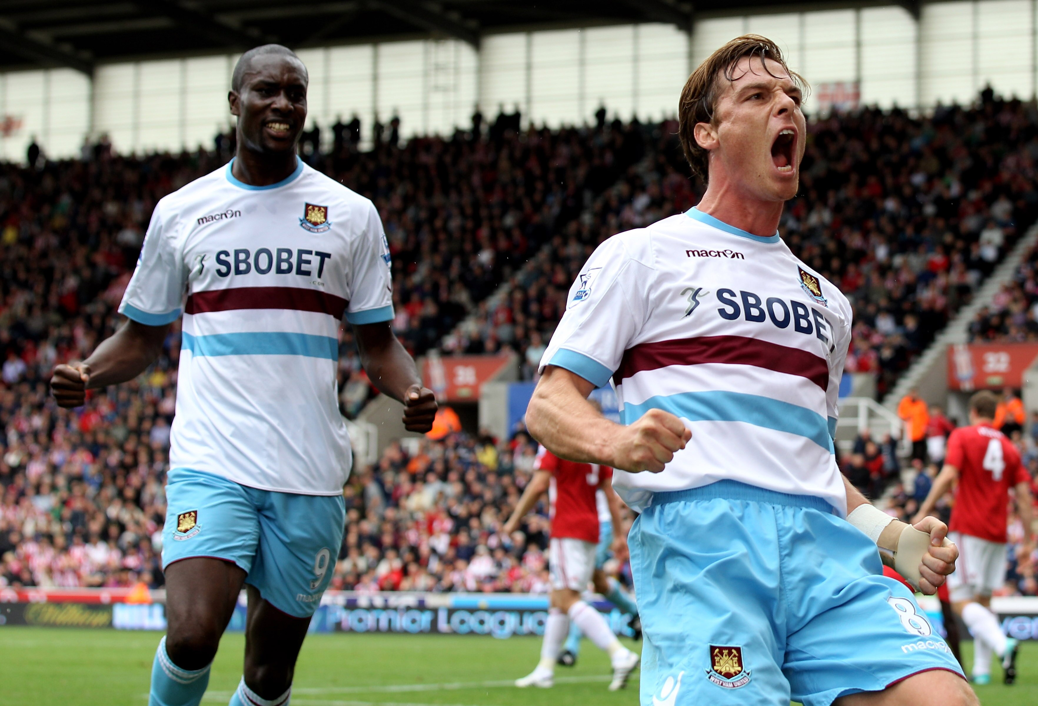 STOKE ON TRENT, ENGLAND - SEPTEMBER 18: Scott Parker of West Ham celebrates his goal during the Barclays Premier League match between Stoke City and West Ham United at the Britannia Stadium on September 18, 2010 in Stoke on Trent, England.  (Photo by Mark