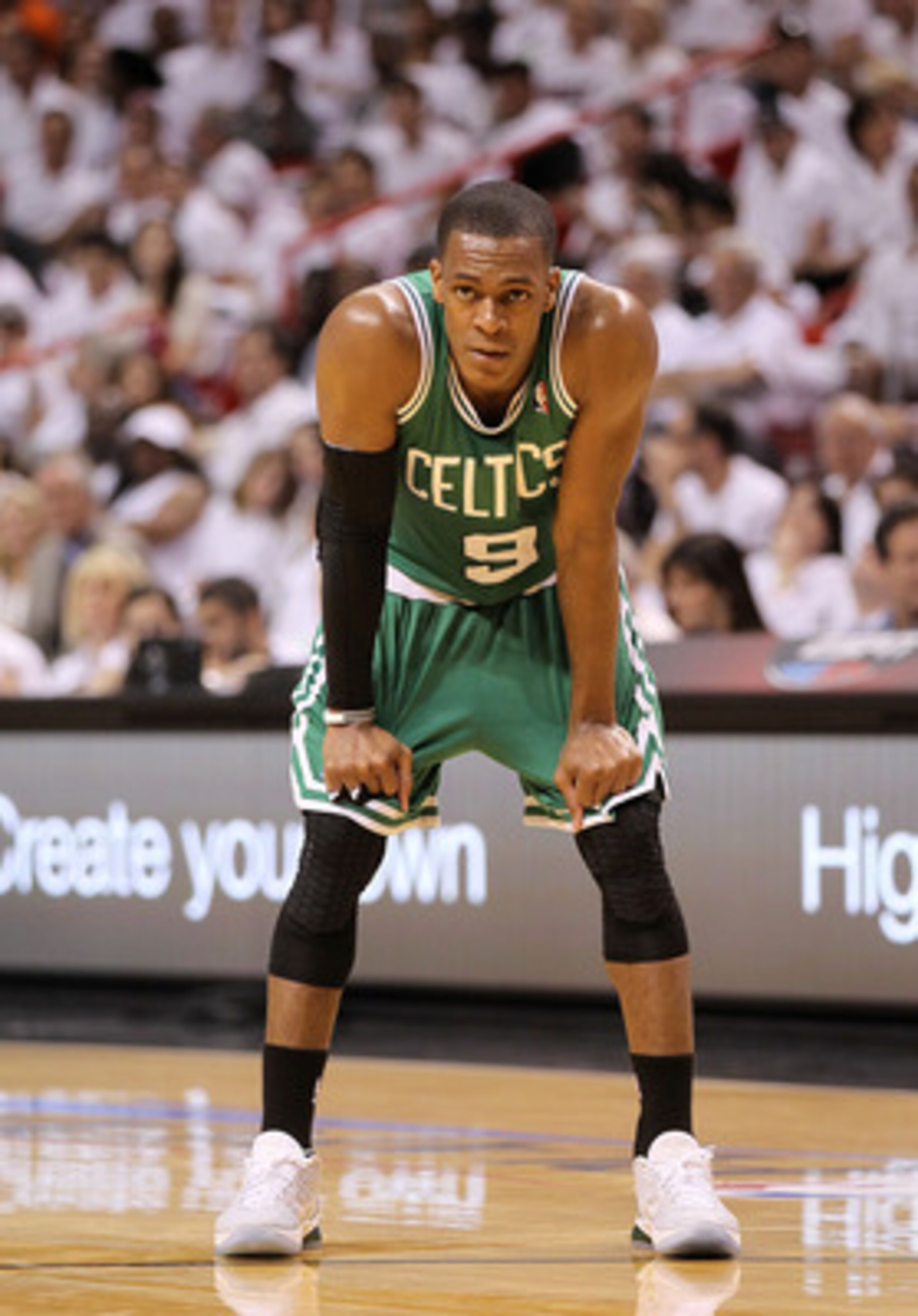 MIAMI, FL - MAY 01:  Rajon Rondo #9  of the Boston Celtics looks on  during Game One of the Eastern Conference Semifinals of the 2011 NBA Playoffs against the Miami Heat at American Airlines Arena on May 1, 2011 in Miami, Florida. NOTE TO USER: User expre