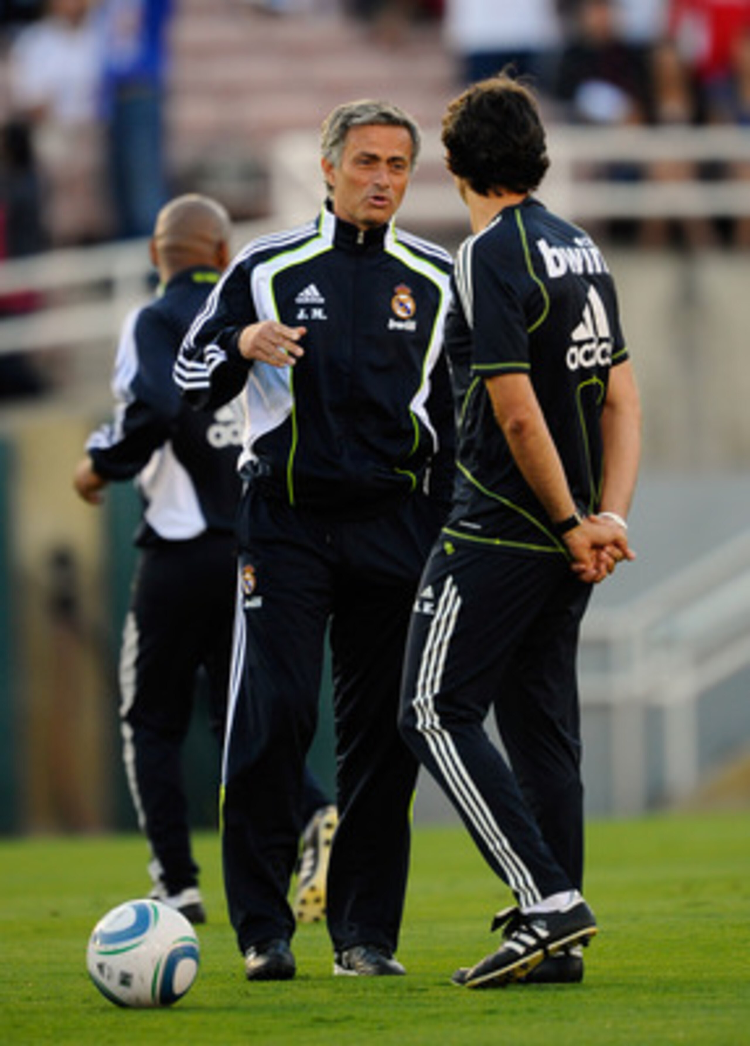 PASADENA, CA - AUGUST 07:  Real Madrid coach Jose Mourinho (L) and assistant coach Aitor Karanka during their pre-season friendly soccer match against Los Angeles Galaxy  on August 7, 2010 at the Rose Bowl in Pasadena, California. Real Madrid will travel