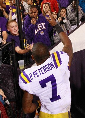 BATON ROUGE, LA - NOVEMBER 20:  Patrick Peterson #7 of the Louisiana State University Tigers reacts after their 43-36 win over the Ole Miss Rebels at Tiger Stadium on November 20, 2010 in Baton Rouge, Louisiana.  (Photo by Kevin C. Cox/Getty Images)