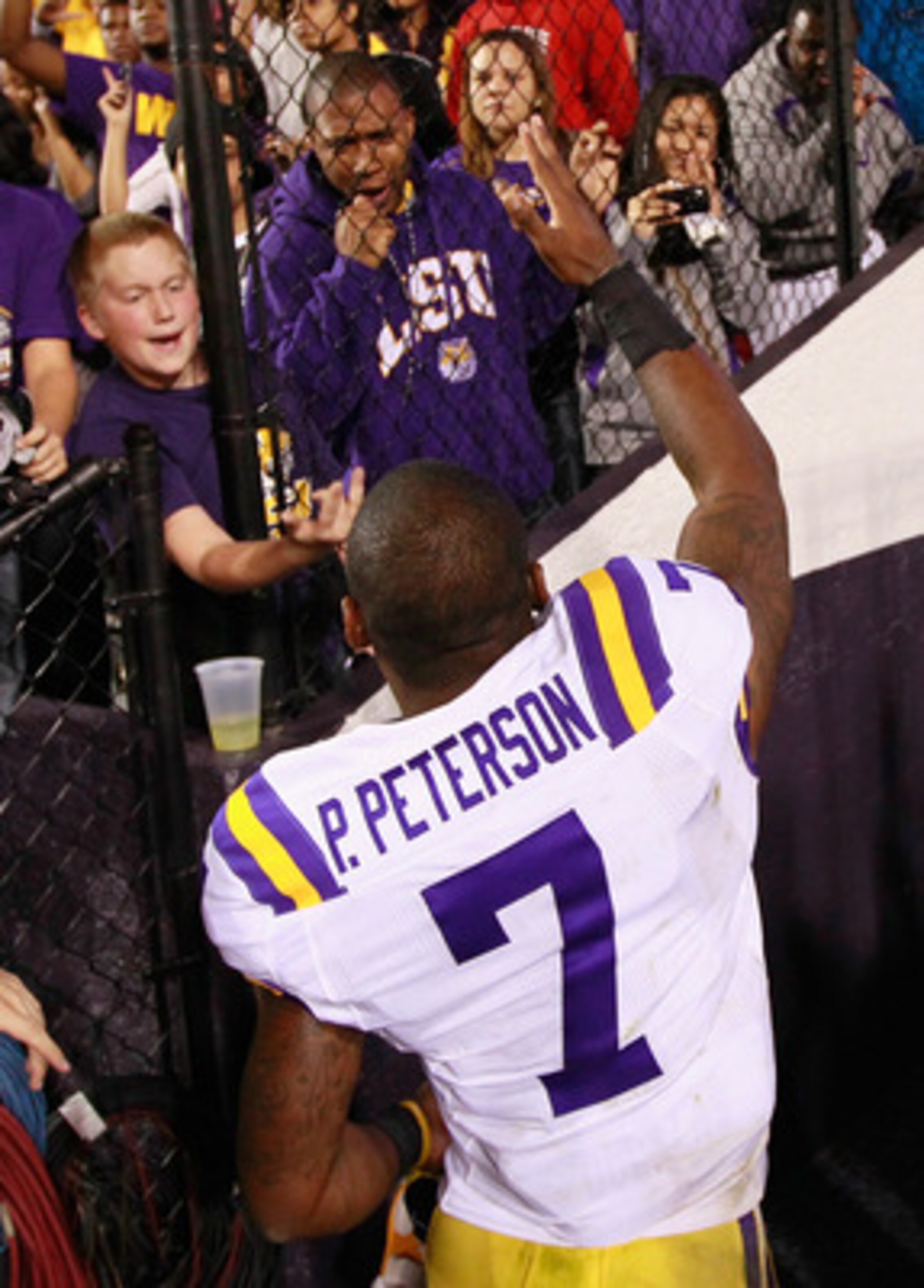 BATON ROUGE, LA - NOVEMBER 20:  Patrick Peterson #7 of the Louisiana State University Tigers reacts after their 43-36 win over the Ole Miss Rebels at Tiger Stadium on November 20, 2010 in Baton Rouge, Louisiana.  (Photo by Kevin C. Cox/Getty Images)