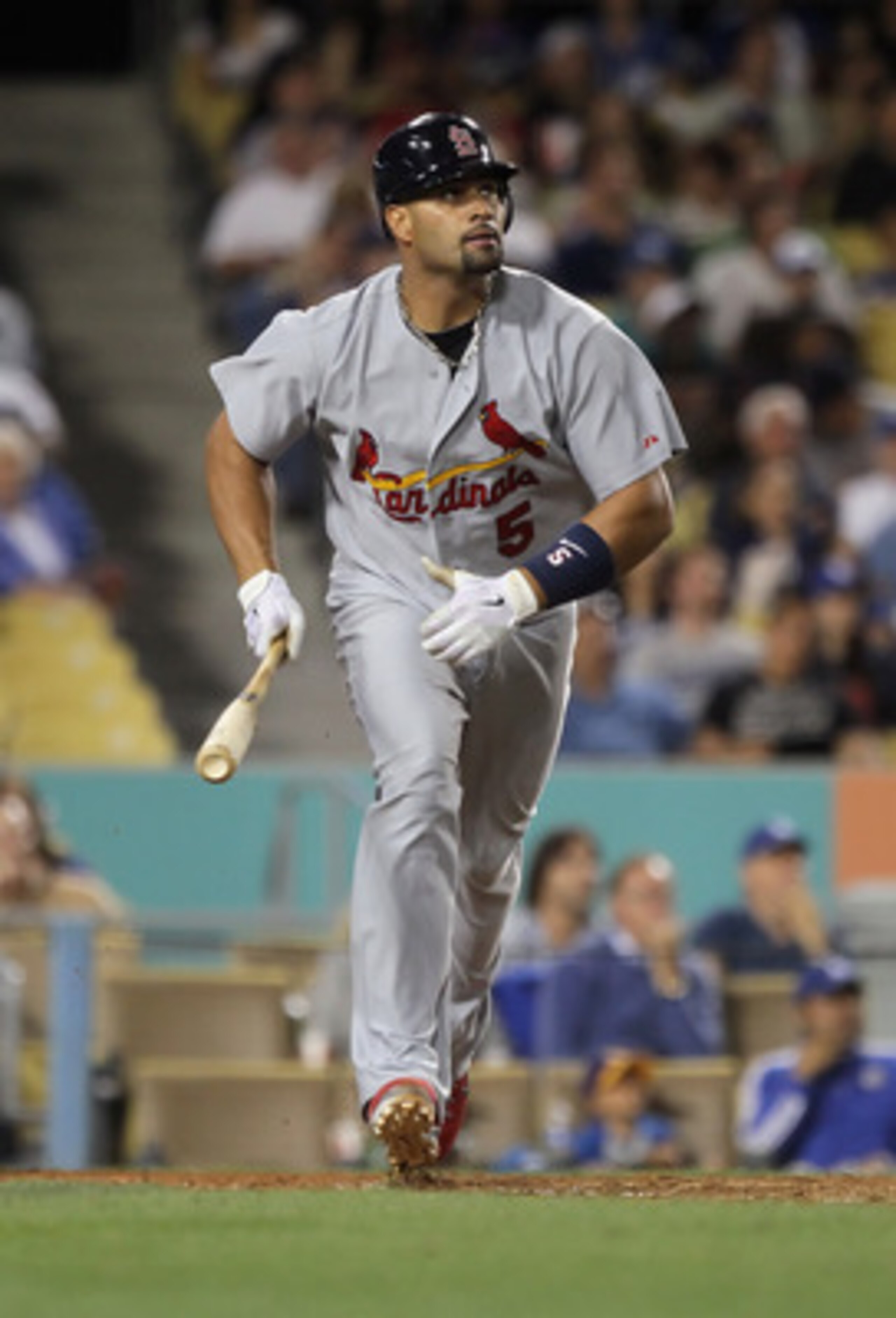 LOS ANGELES, CA - APRIL 16:  Albert Pujols #5 of the St Louis Cardinals bats against the Los Angeles Dodgers at Dodger Stadium on April 16, 2011 in Los Angeles, California.  (Photo by Jeff Gross/Getty Images)